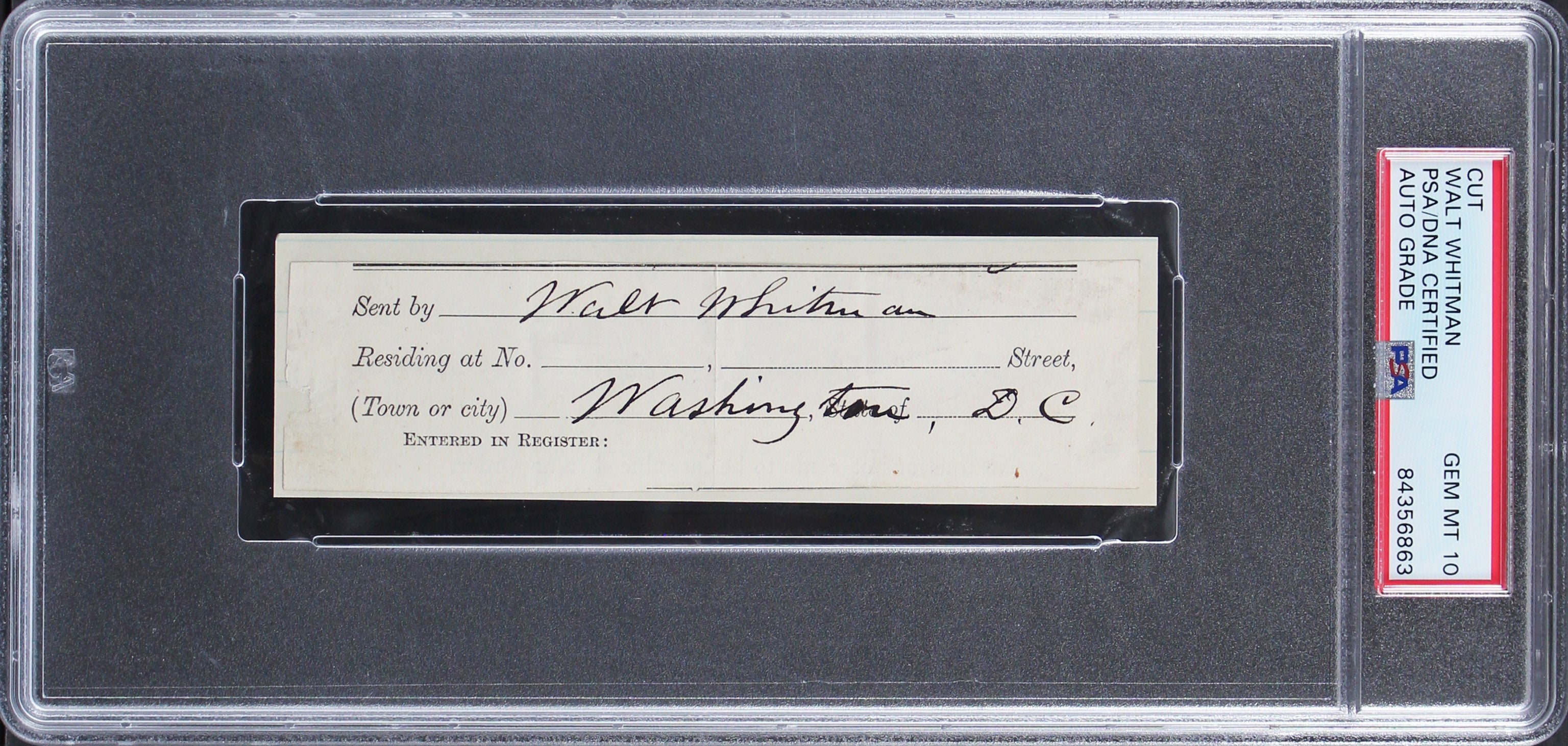 Walt Whitman Authentic Signed 1.5x5.25 Cut Signature Auto Graded 10! PSA Slabbed