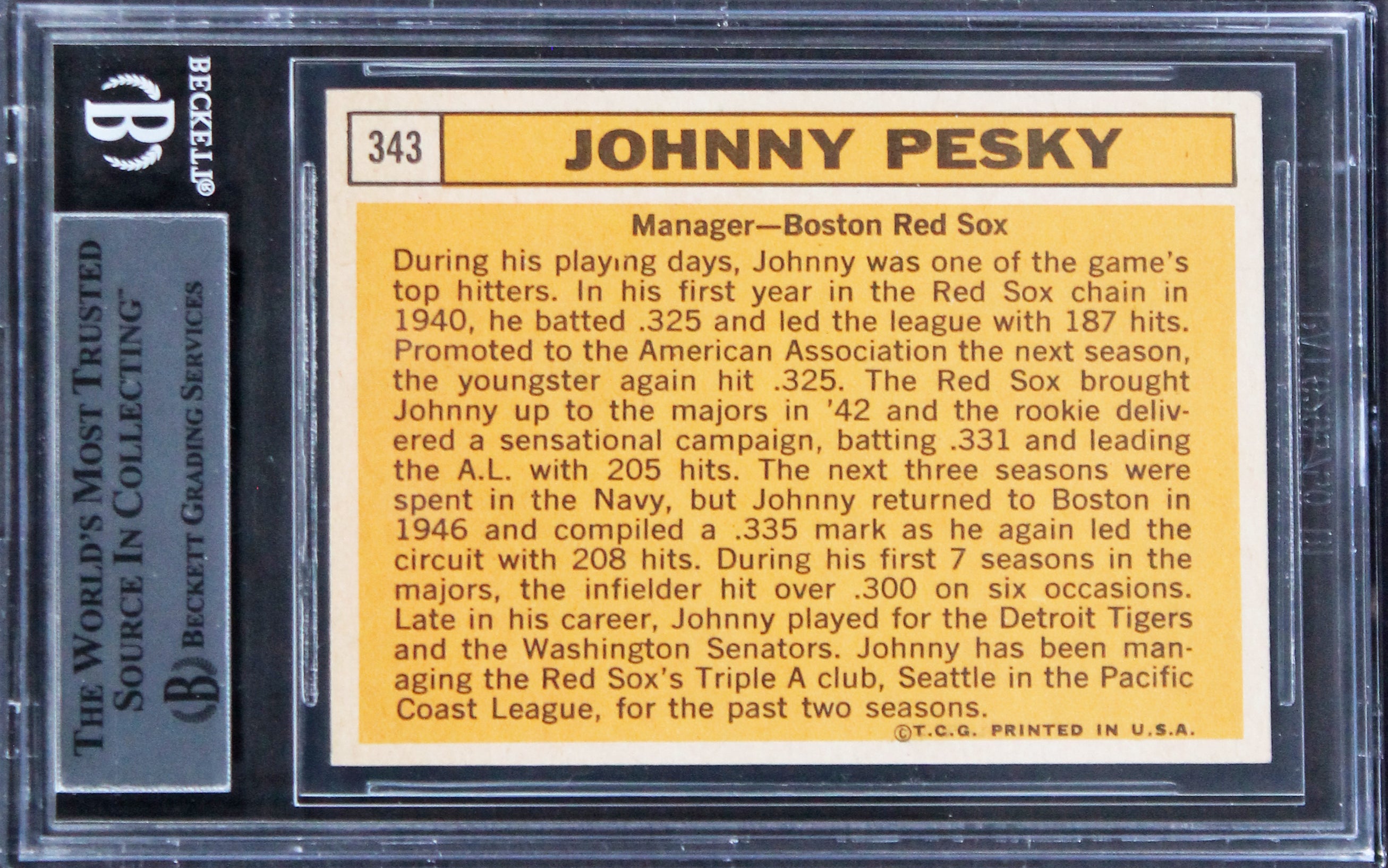 Red Sox Johnny Pesky Authentic Signed 1963 Topps #343 Card BAS Slabbed