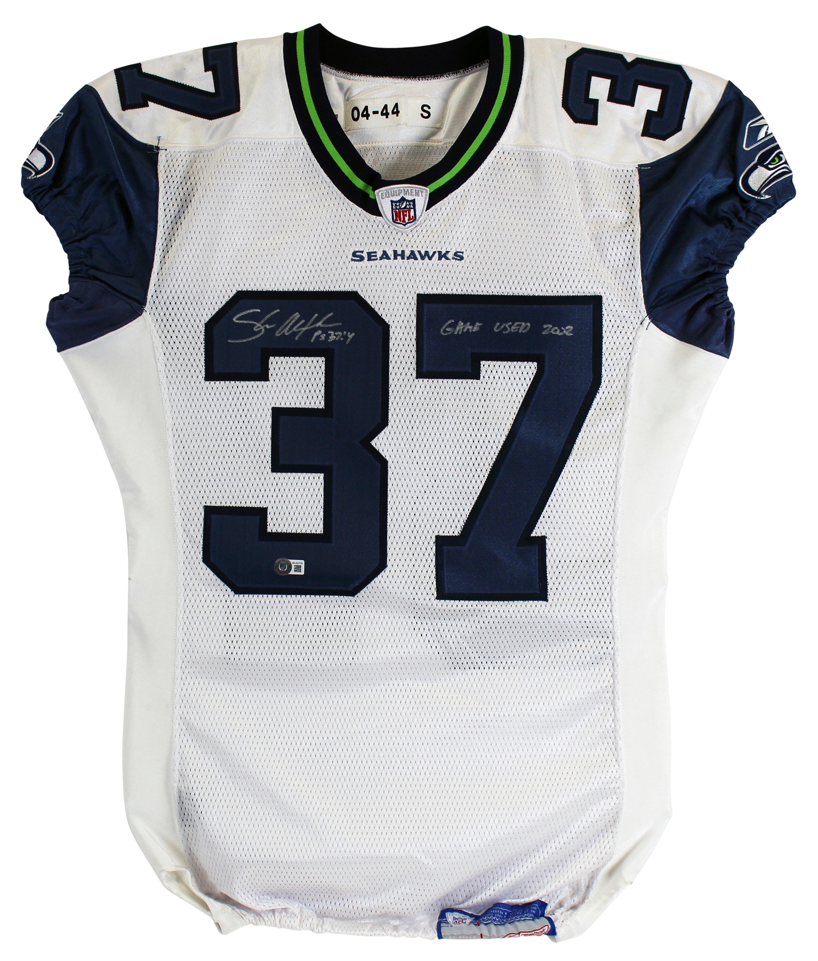 Seahawks Shaun Alexander "Game Used 2002" Signed White Reebok Jersey BAS Witness