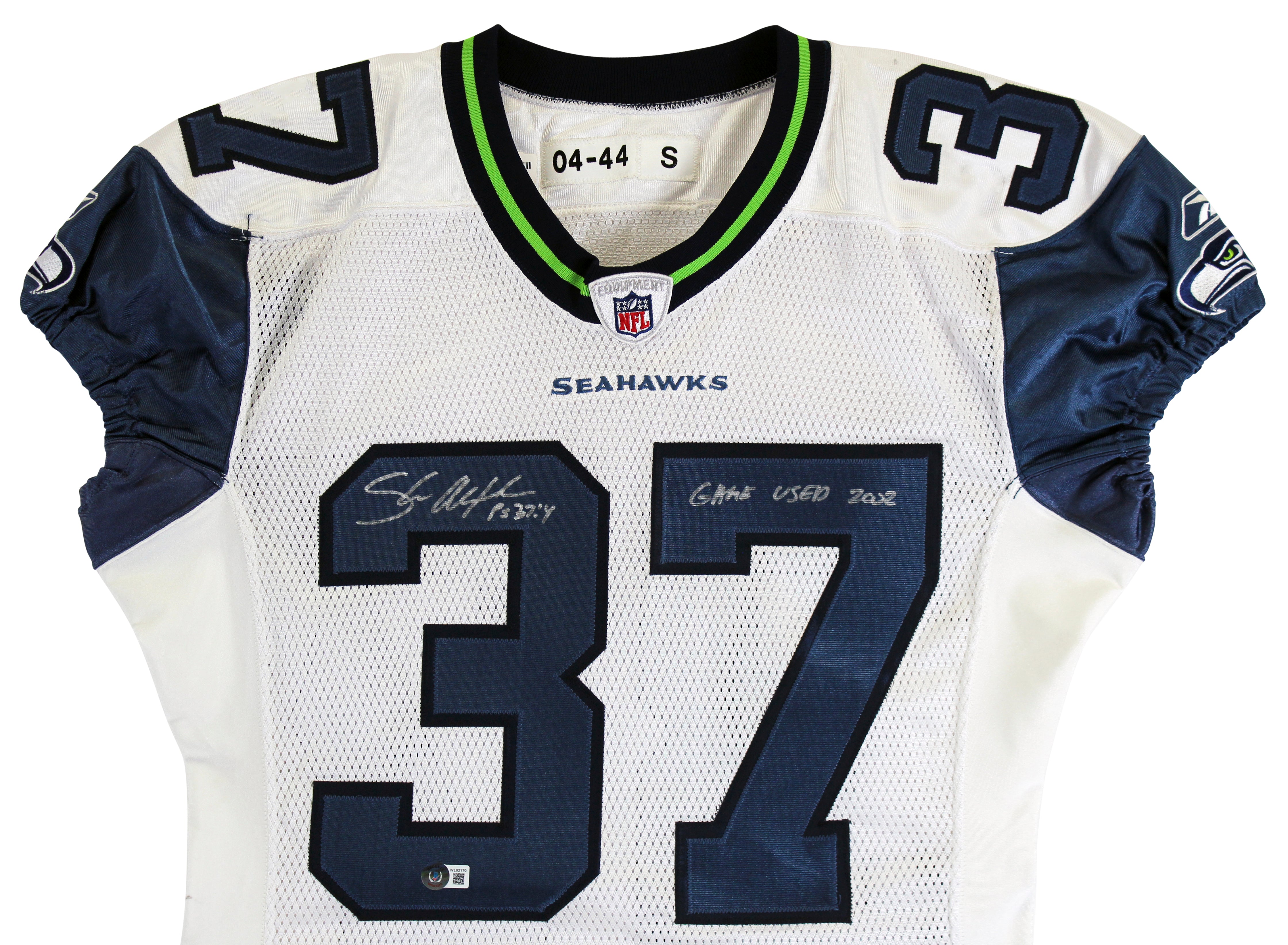 Seahawks Shaun Alexander "Game Used 2002" Signed White Reebok Jersey BAS Witness