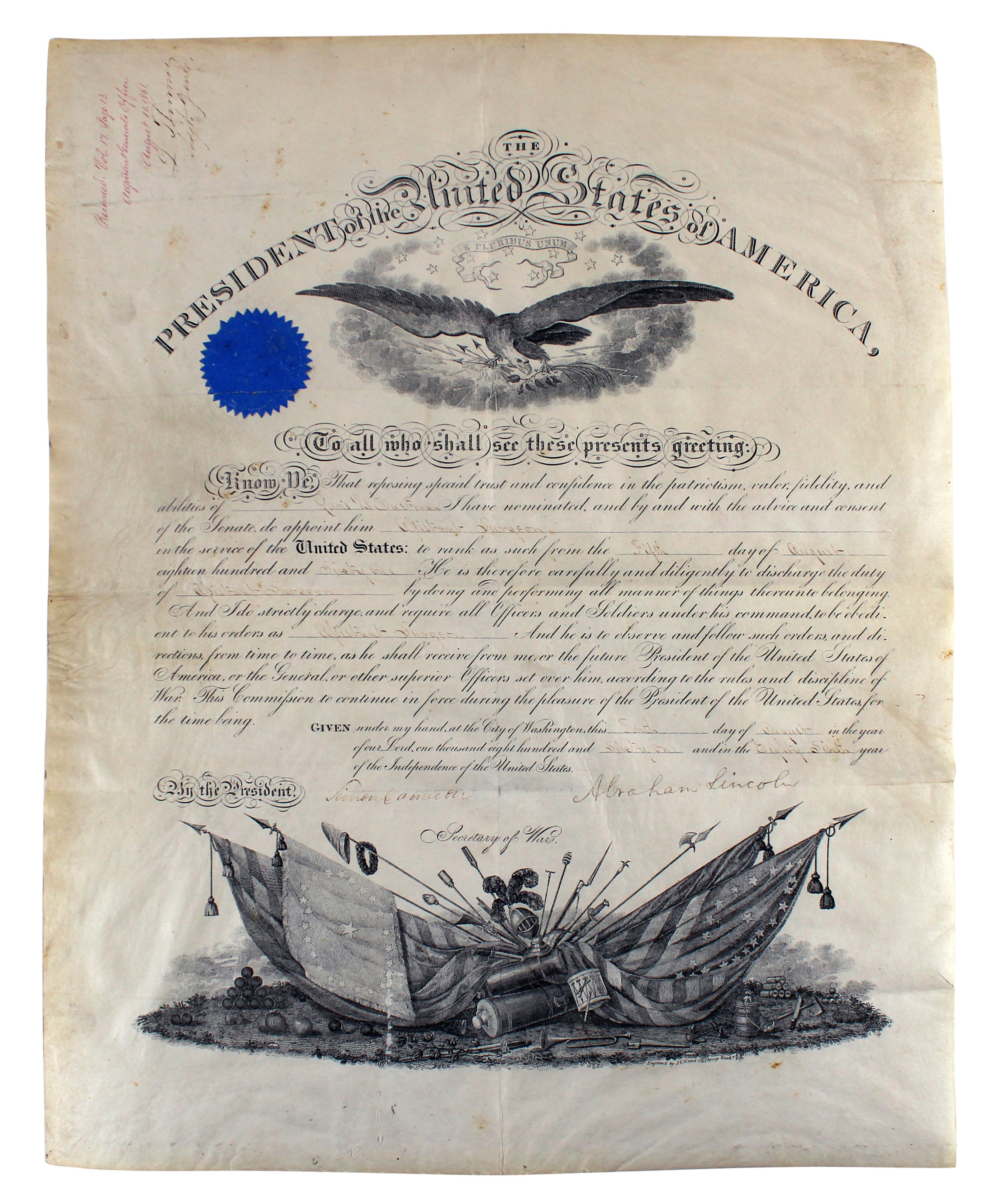 Abraham Lincoln Authentic Signed 15x19 1861 Military Appointment BAS #AB14574