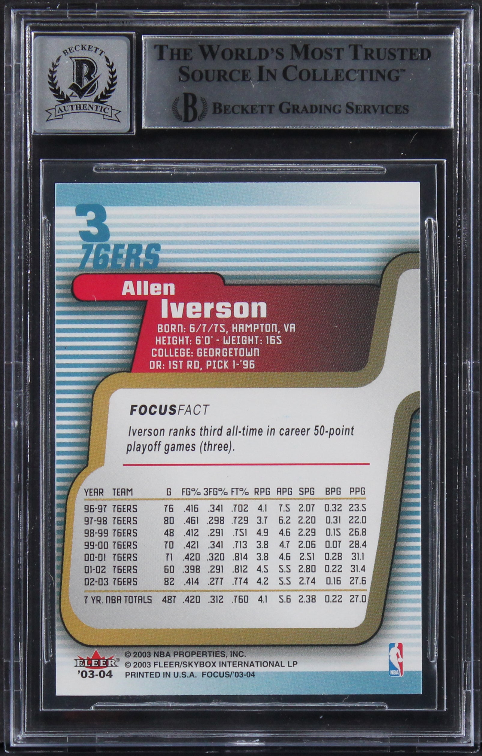 76ers Allen Iverson Authentic Signed 2003 Fleer Focus #3 Card Auto 10! BAS Slab