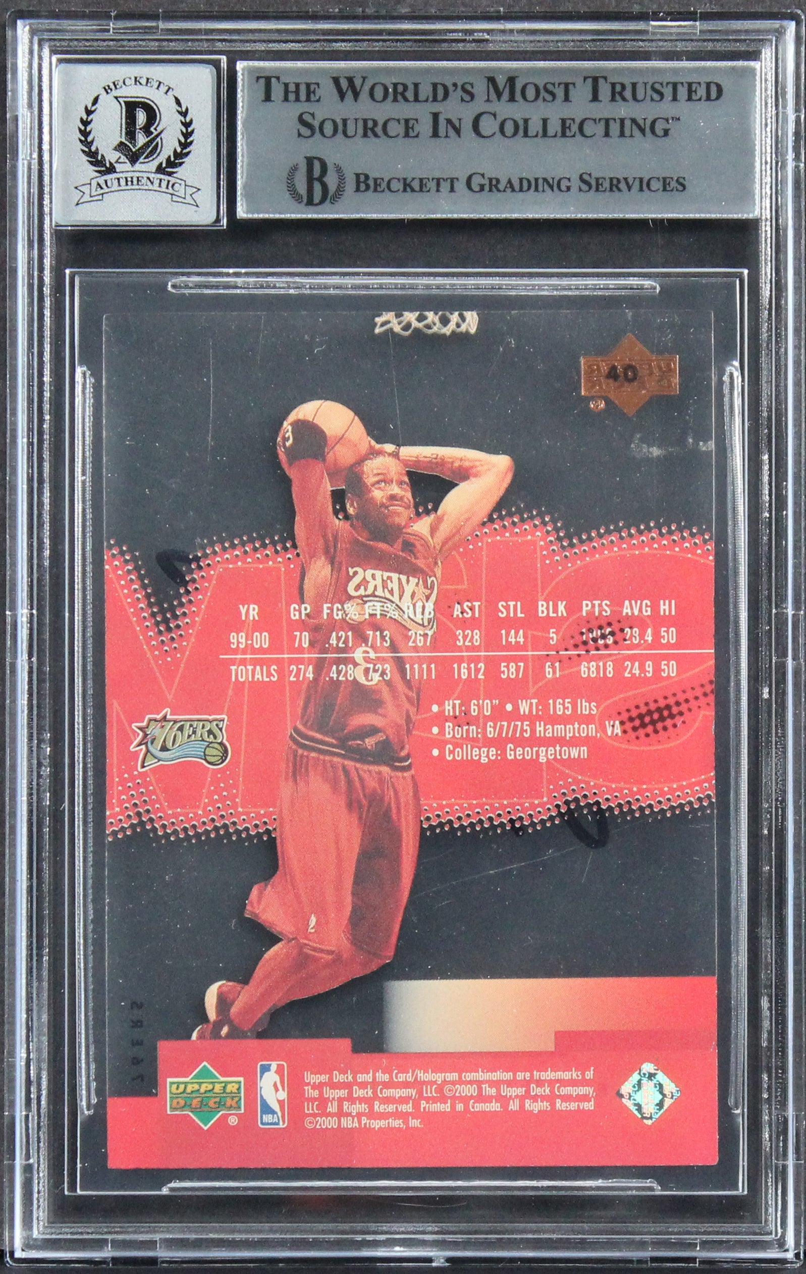 76ers Allen Iverson Signed 2000 Upper Deck Slam #40 Card Auto 10! BAS Slabbed