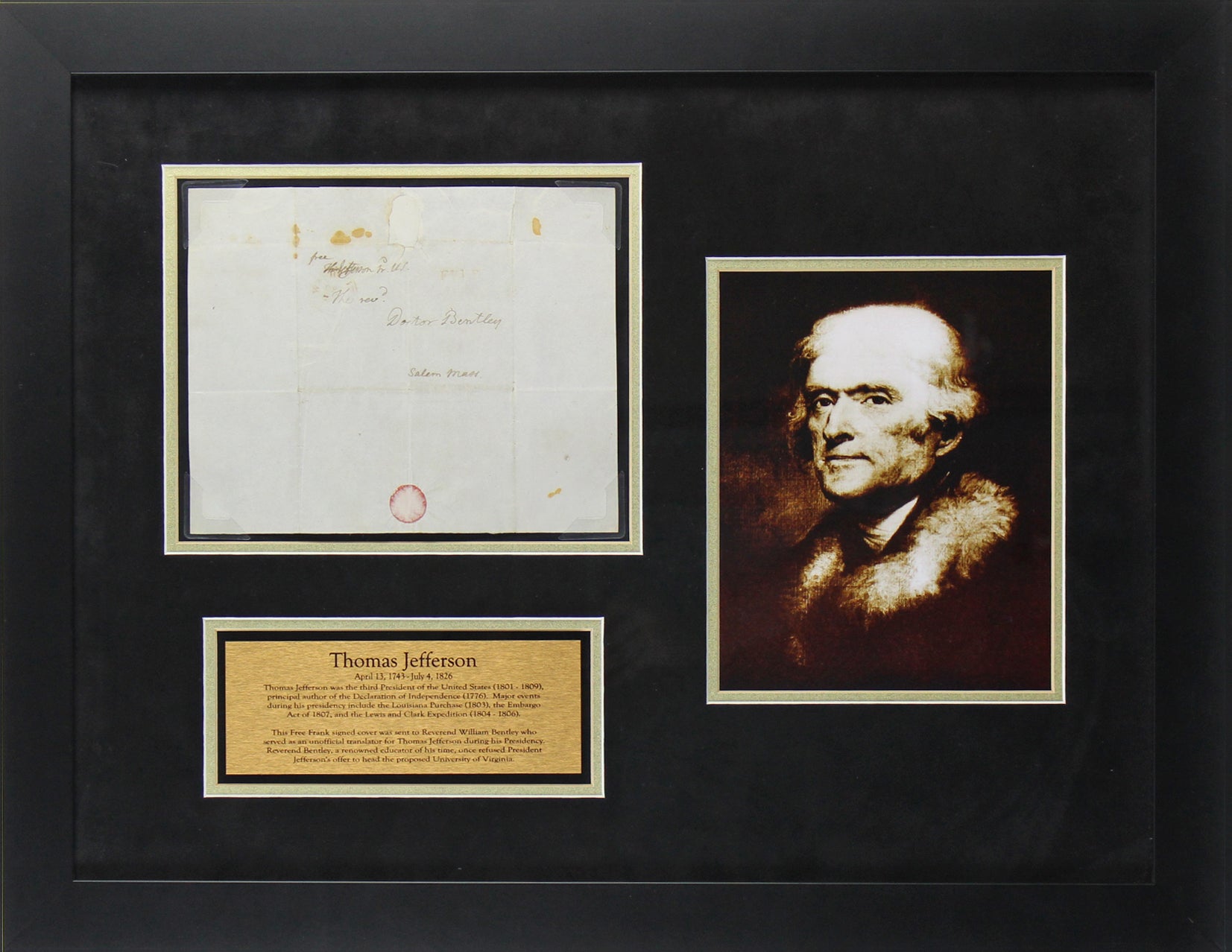 Thomas Jefferson Signed & Framed 7.75x9.75 Handwritten Free Frank Graded 9! BAS
