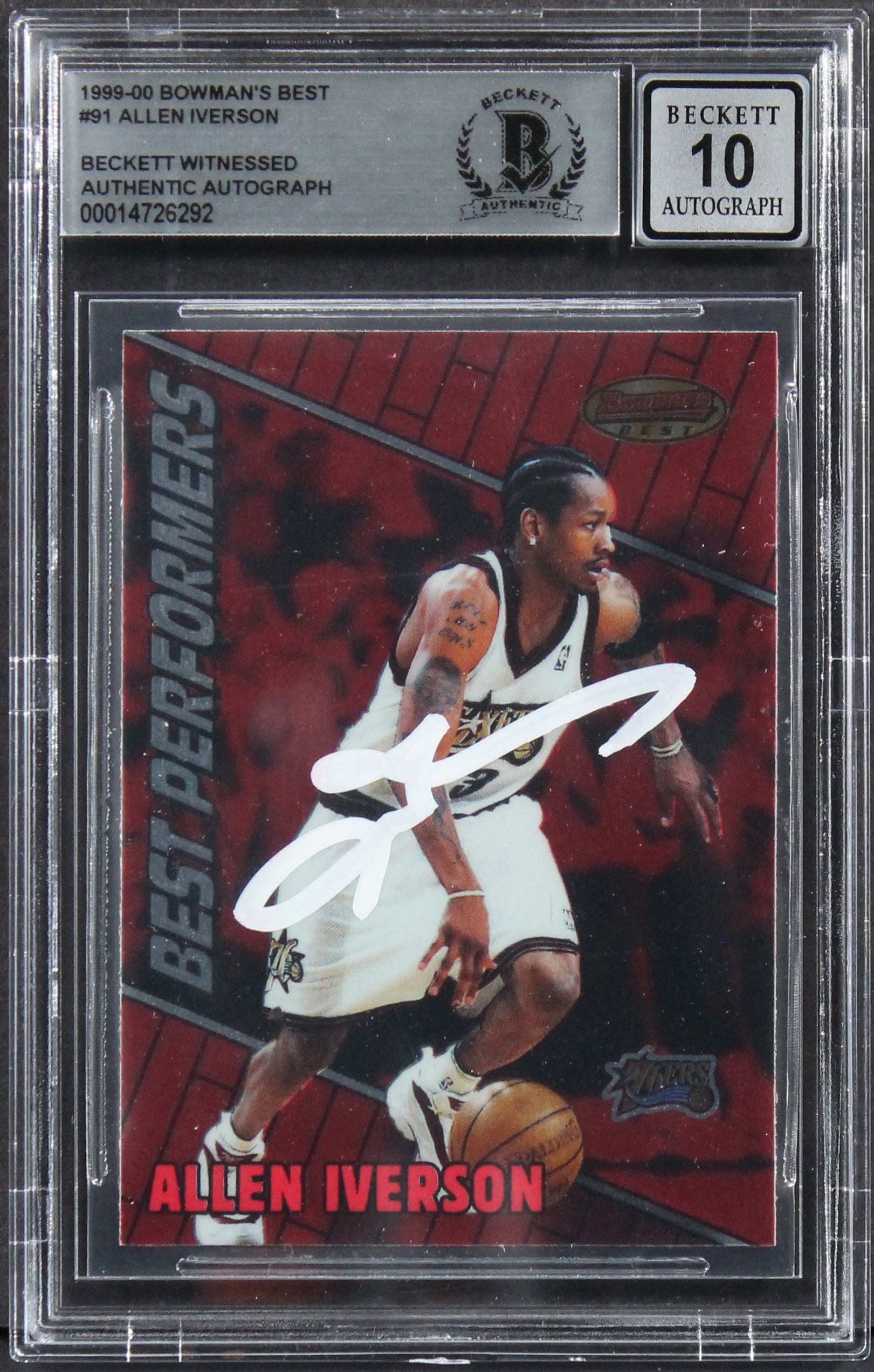 76ers Allen Iverson Signed 1999 Bowman's Best #75 Card Auto 10! BAS Slabbed