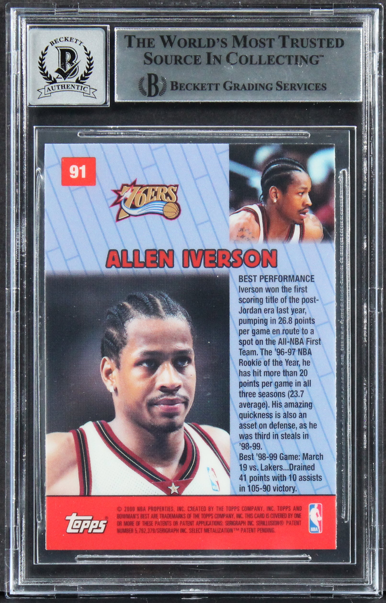 76ers Allen Iverson Signed 1999 Bowman's Best #75 Card Auto 10! BAS Slabbed