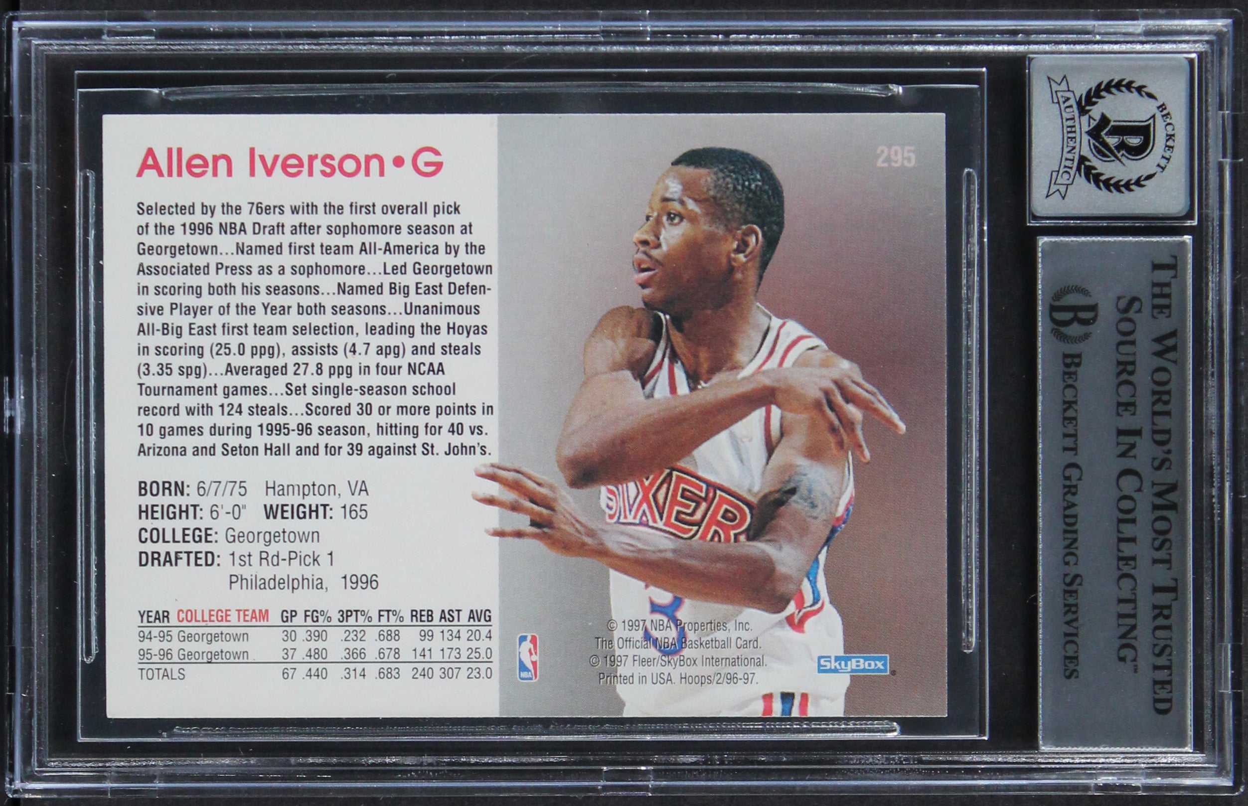 76ers Allen Iverson Signed 1996 Hoops #295 Rookie Card Auto 10! BAS Slabbed