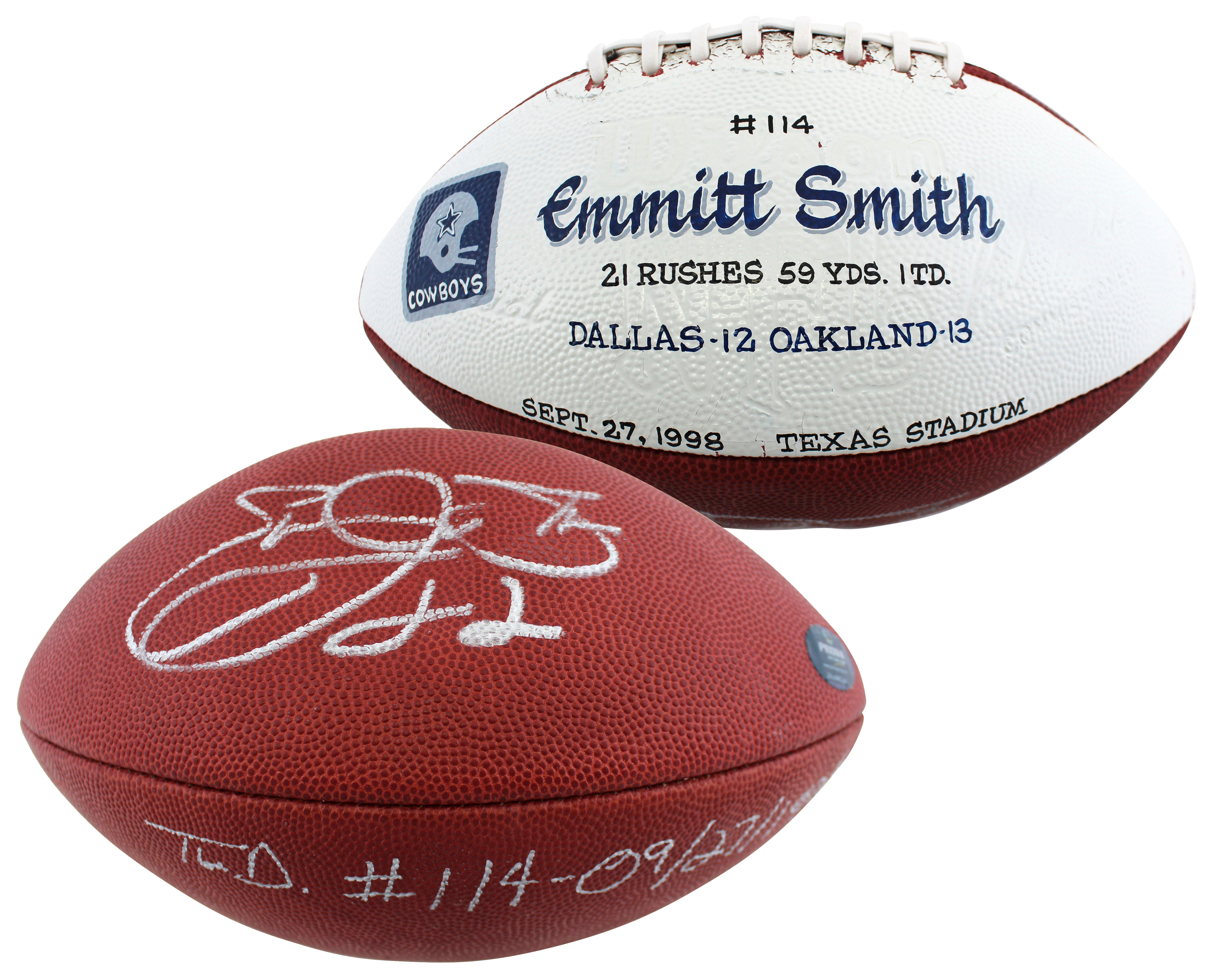 Cowboys Emmitt Smith "TD #114 - 09/27/1998" Signed GU Football BAS & Prova LOA