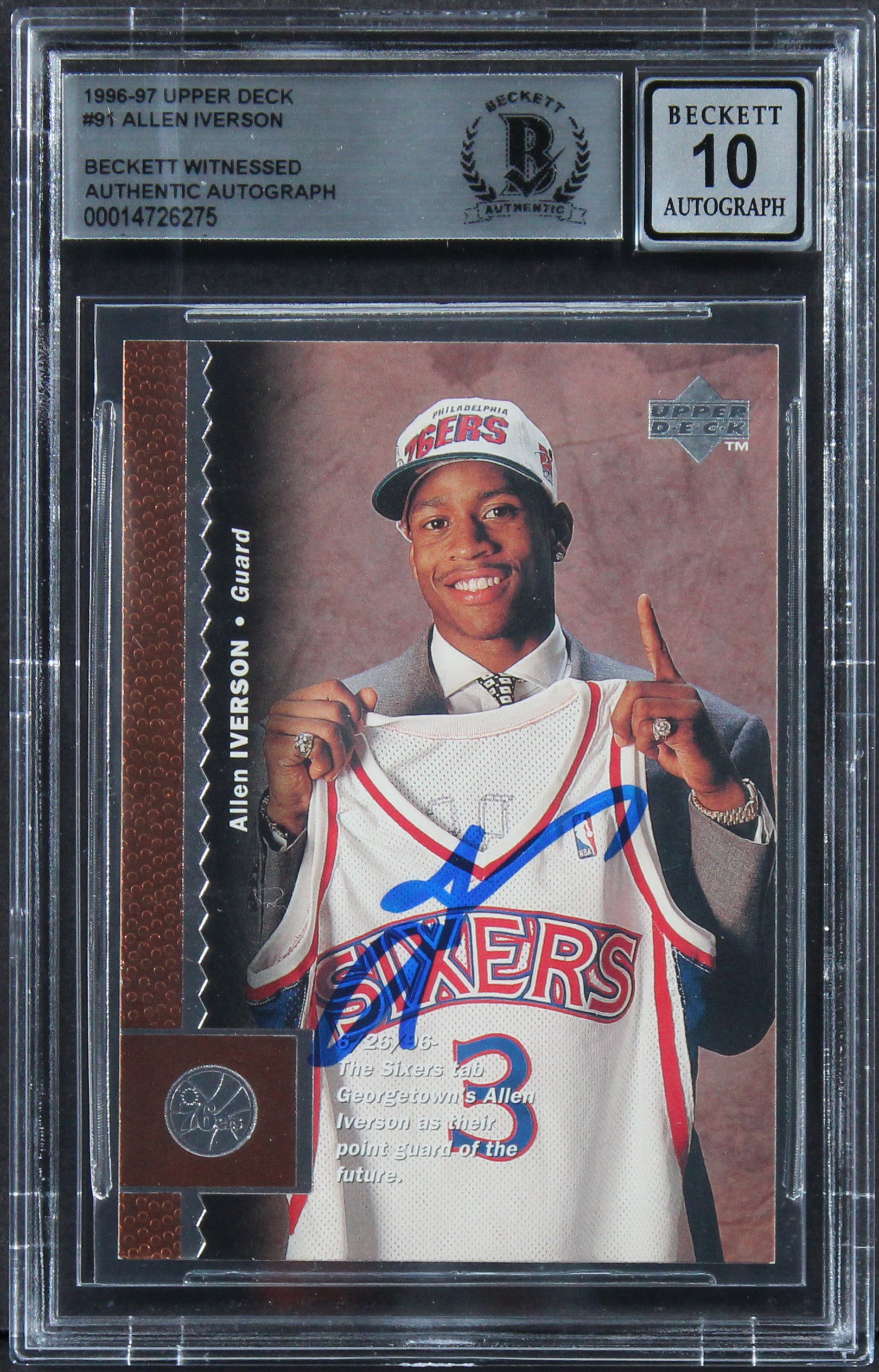 76ers Allen Iverson Signed 1996 Upper Deck #91 Rookie Card Auto 10! BAS Slabbed