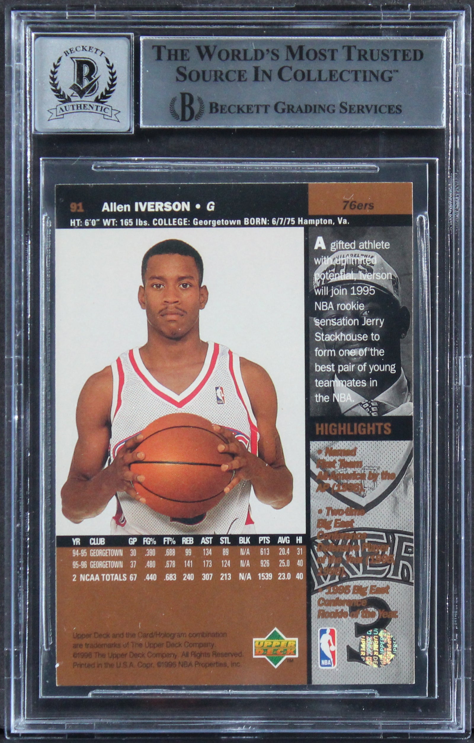 76ers Allen Iverson Signed 1996 Upper Deck #91 Rookie Card Auto 10! BAS Slabbed