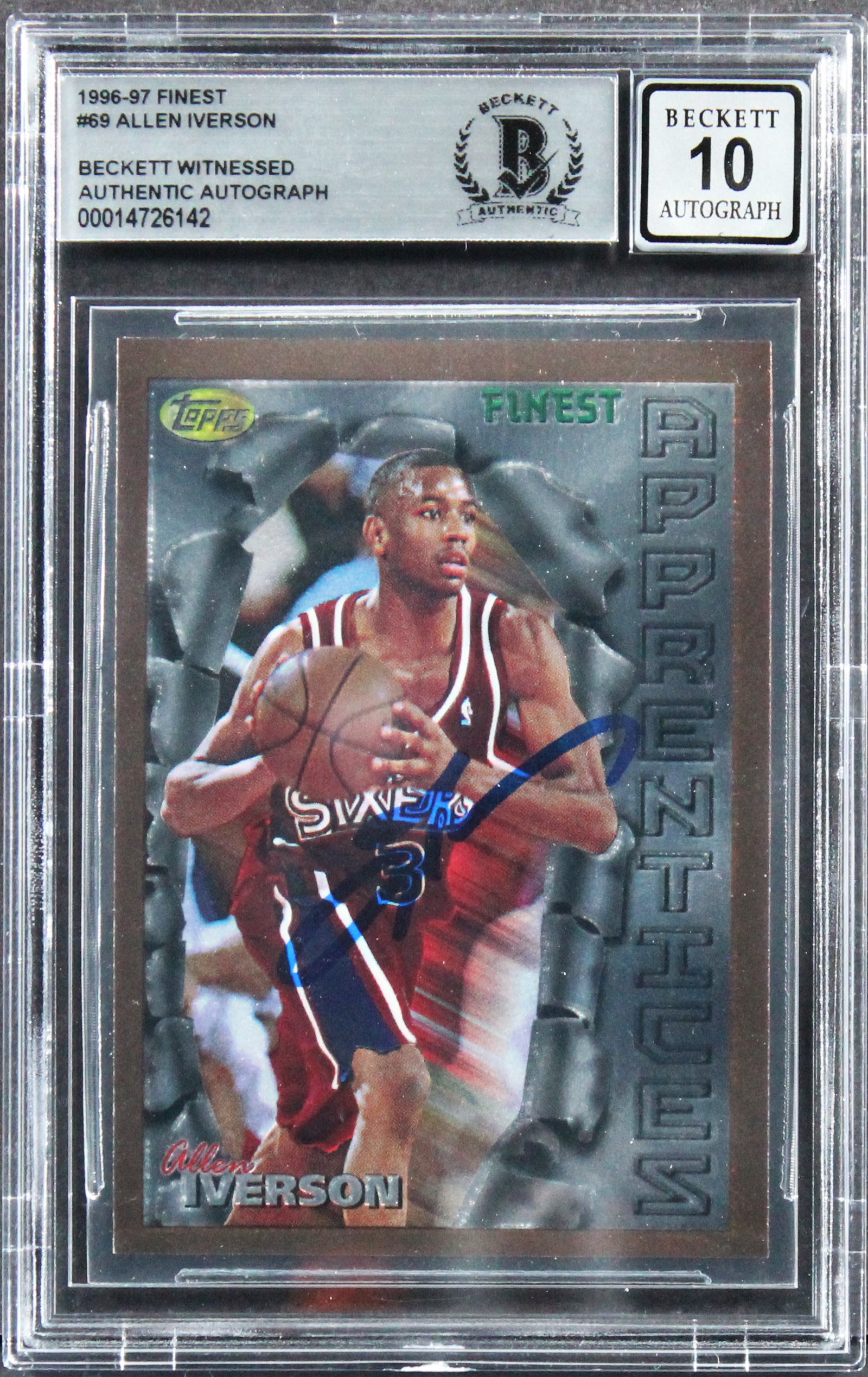 76ers Allen Iverson  Signed 1996 Finest #69 Rookie Card Auto 10! BAS Slabbed