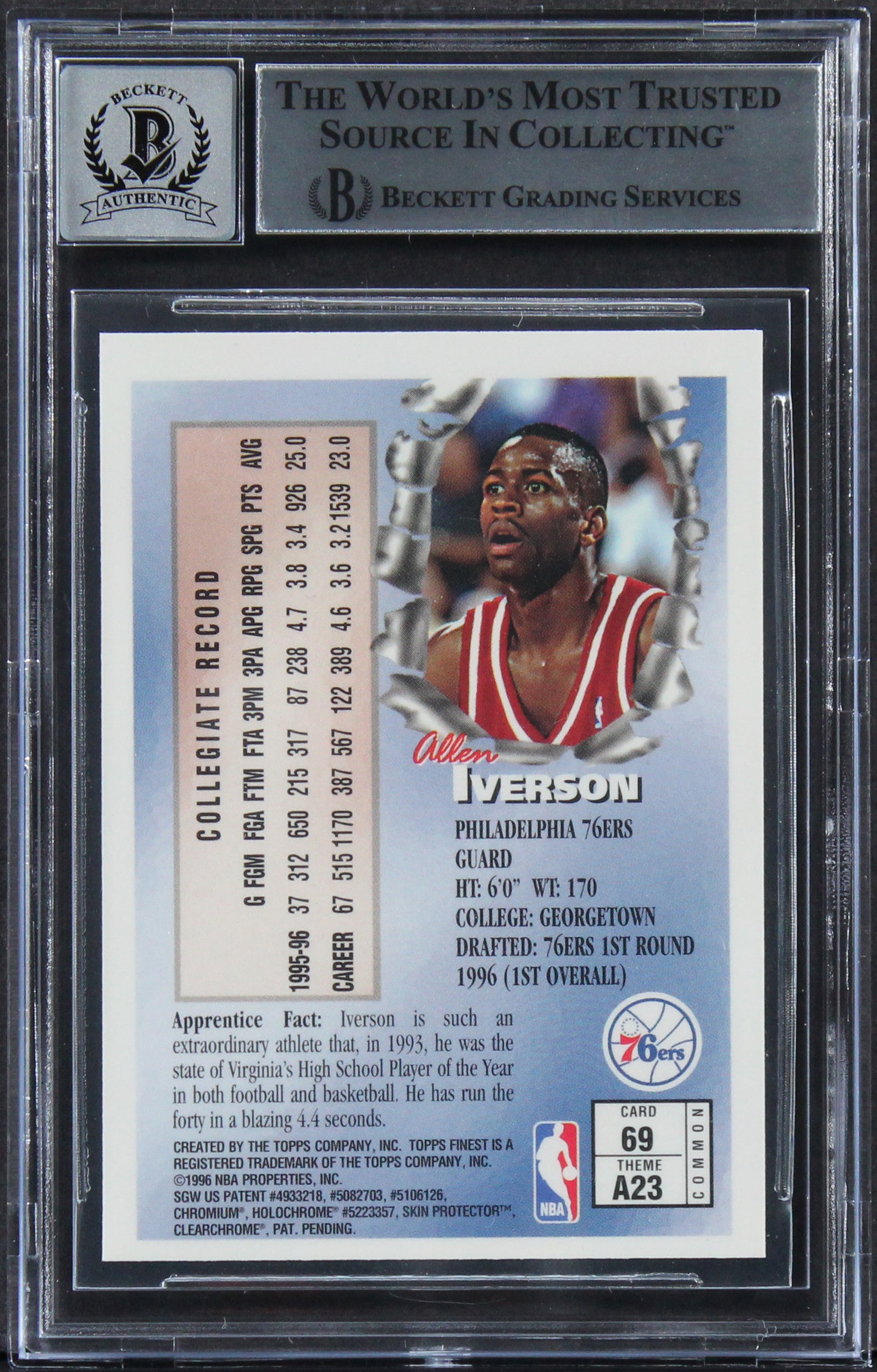 76ers Allen Iverson  Signed 1996 Finest #69 Rookie Card Auto 10! BAS Slabbed