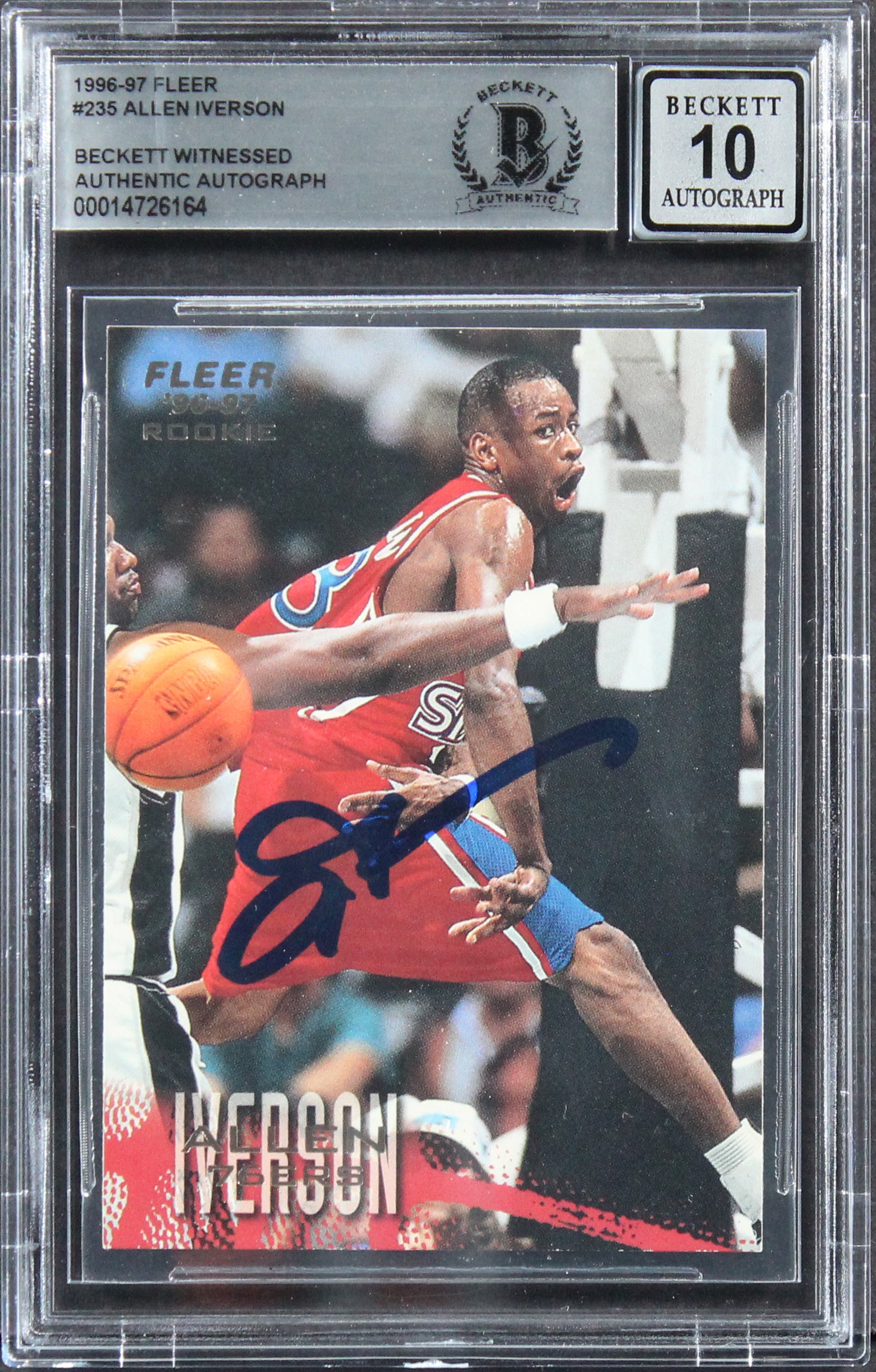 76ers Allen Iverson Signed 1996 Fleer #235 Rookie Card Auto 10! BAS Slabbed