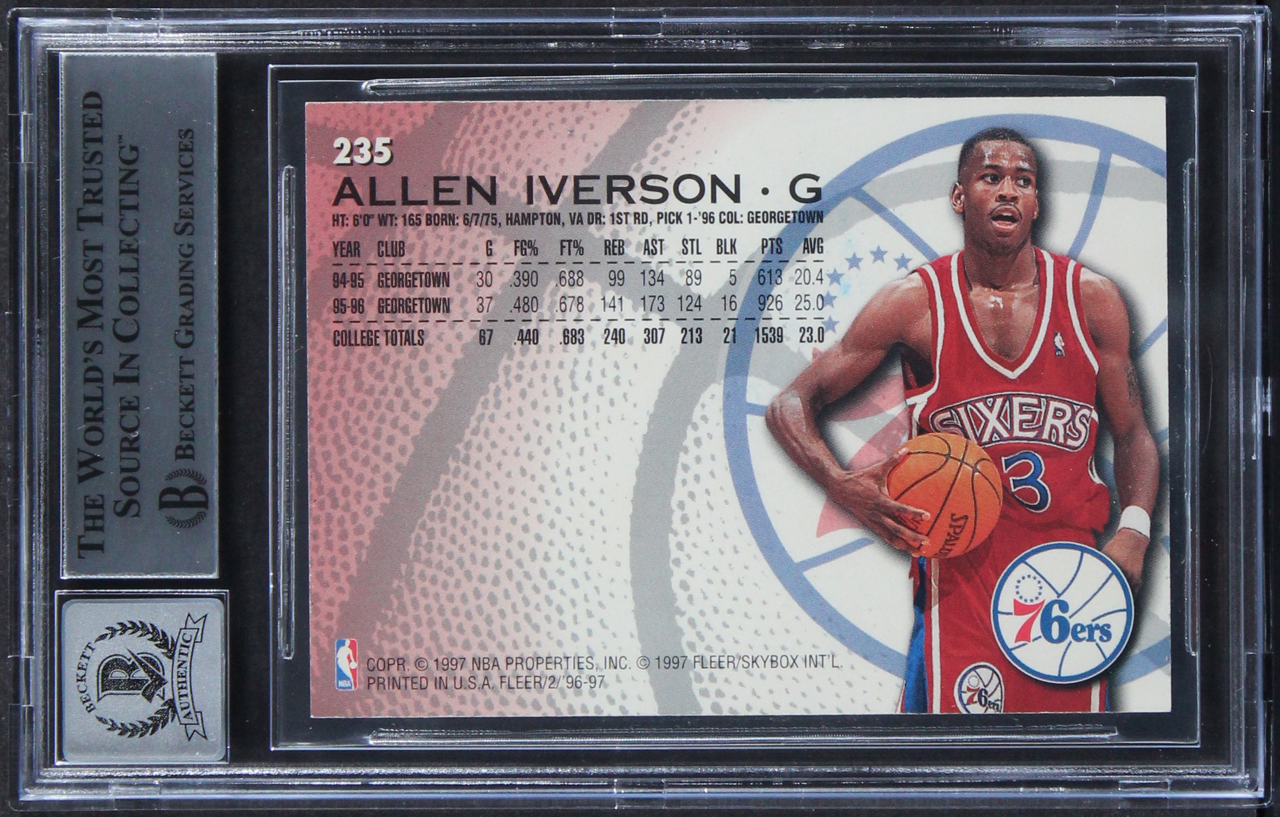 76ers Allen Iverson Signed 1996 Fleer #235 Rookie Card Auto 10! BAS Slabbed