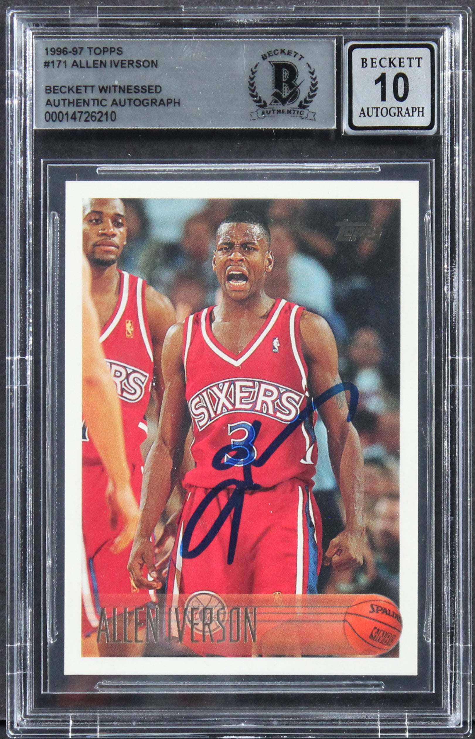 76ers Allen Iverson Signed 1996 Topps #171 Rookie Card Auto 10! BAS Slabbed