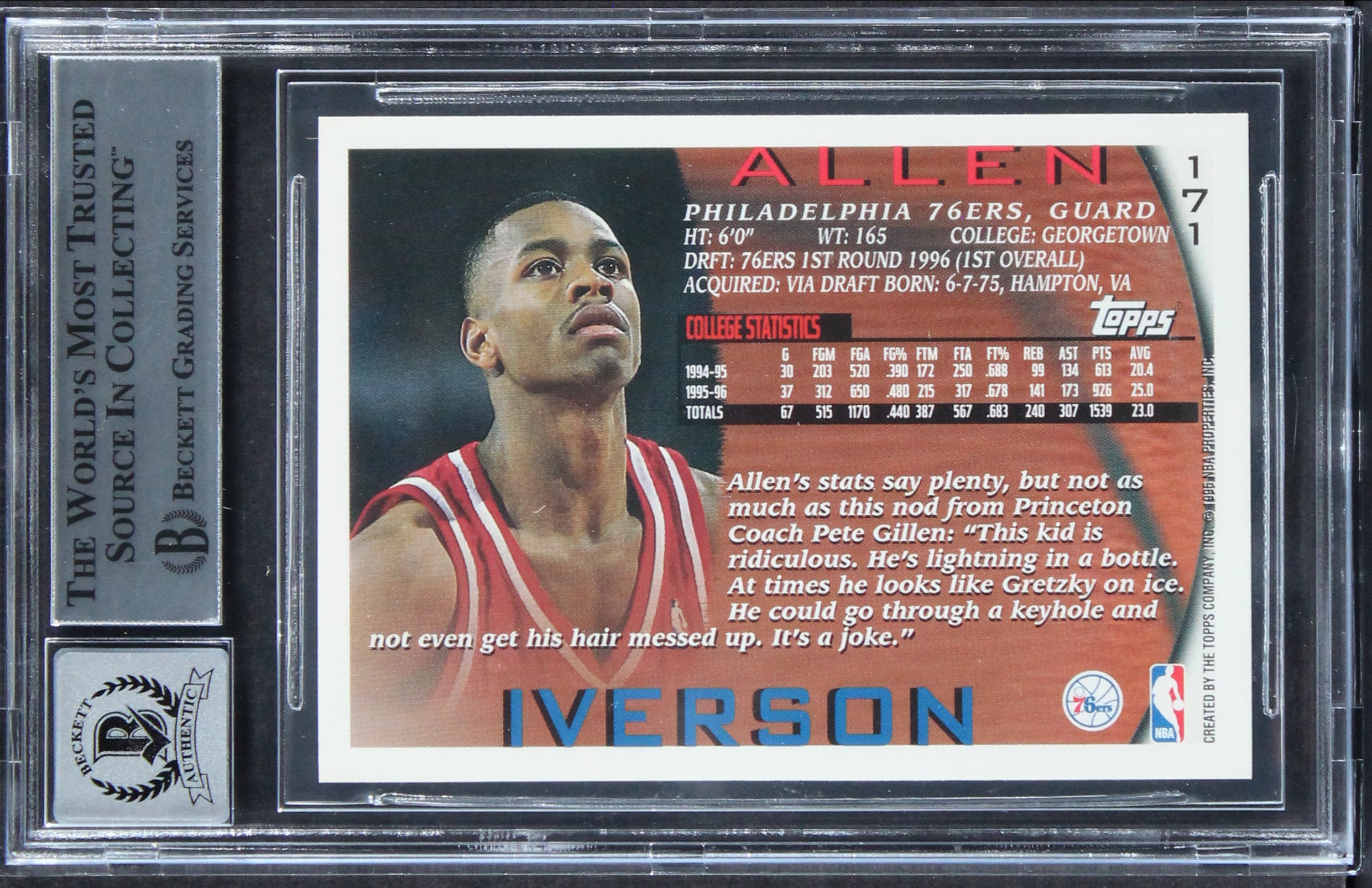 76ers Allen Iverson Signed 1996 Topps #171 Rookie Card Auto 10! BAS Slabbed