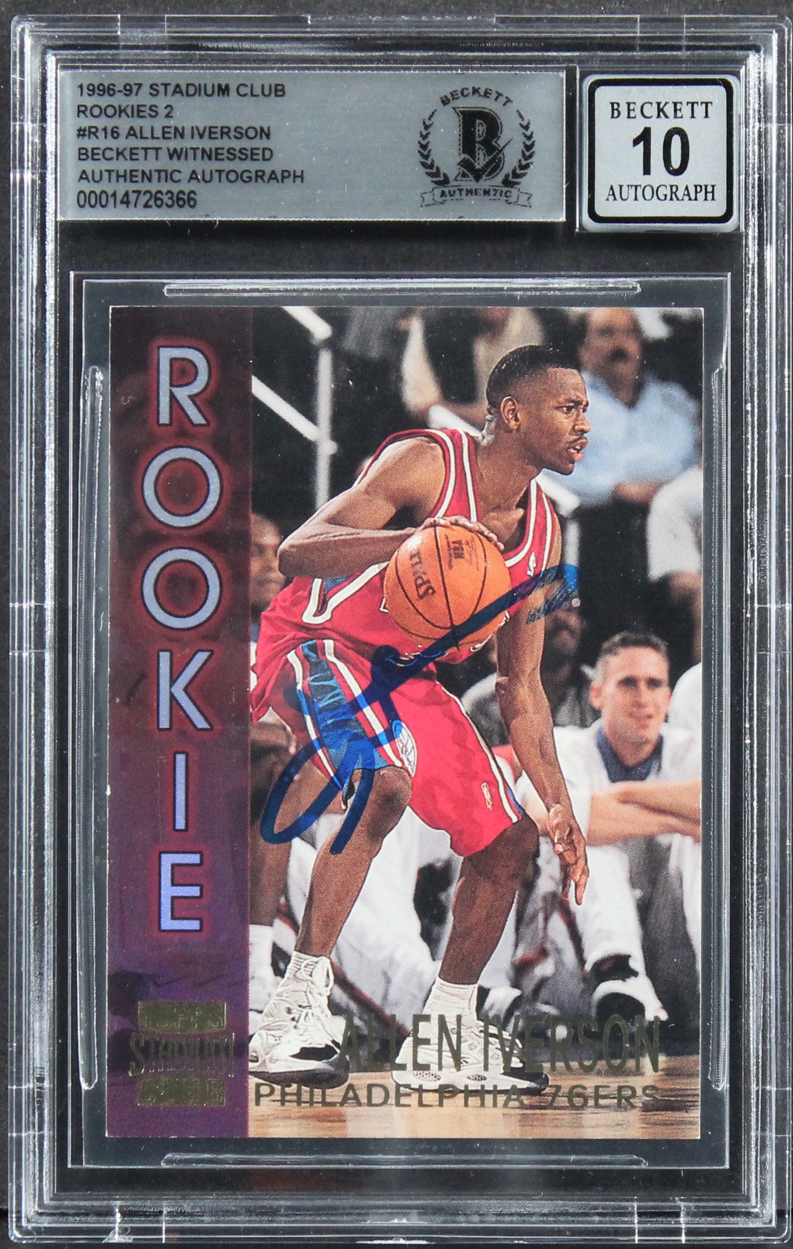 76ers Allen Iverson Signed 1996 Stadium Club Rookies 2 R16 Card Auto 10 BAS Slab