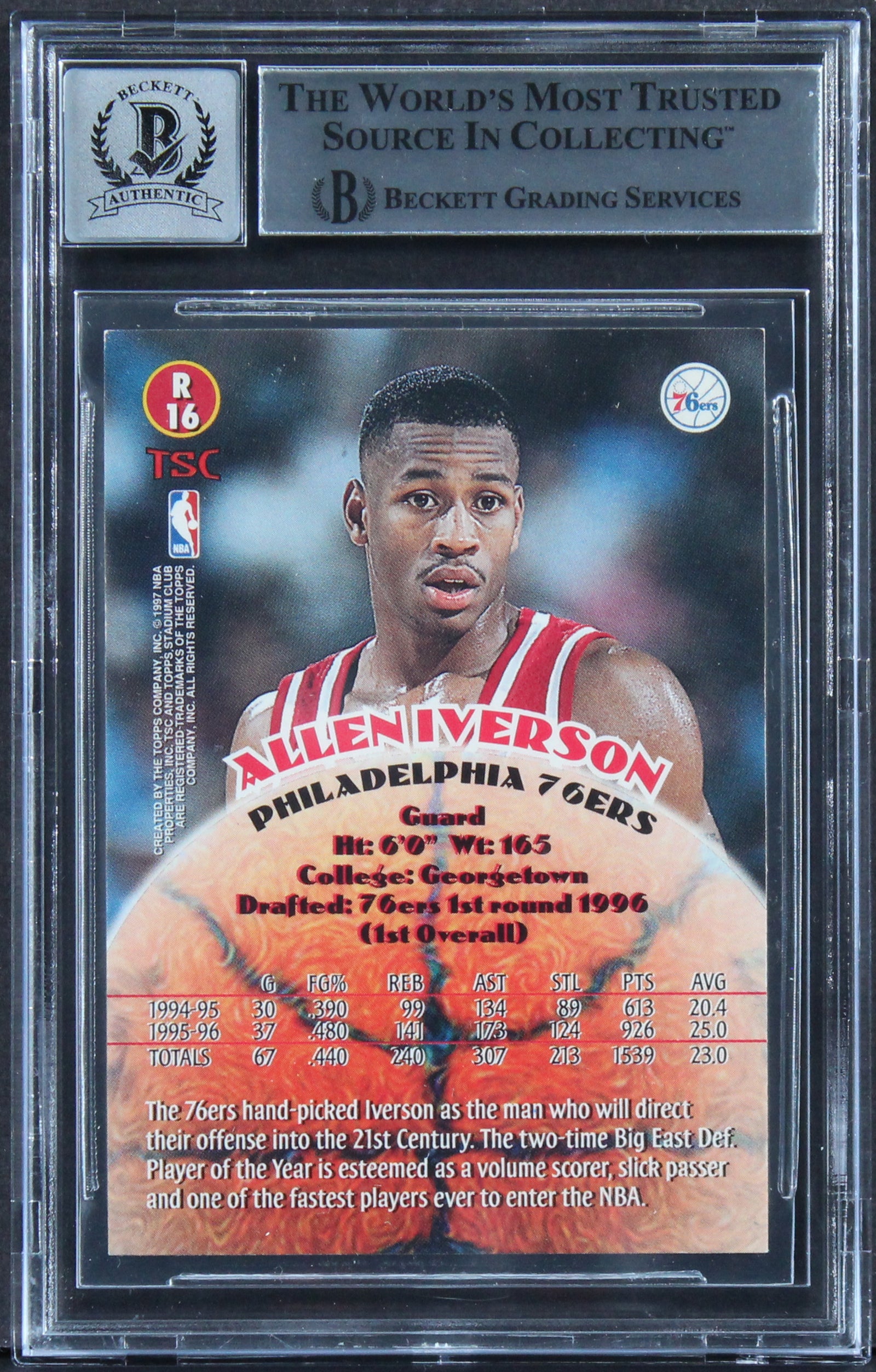 76ers Allen Iverson Signed 1996 Stadium Club Rookies 2 R16 Card Auto 10 BAS Slab