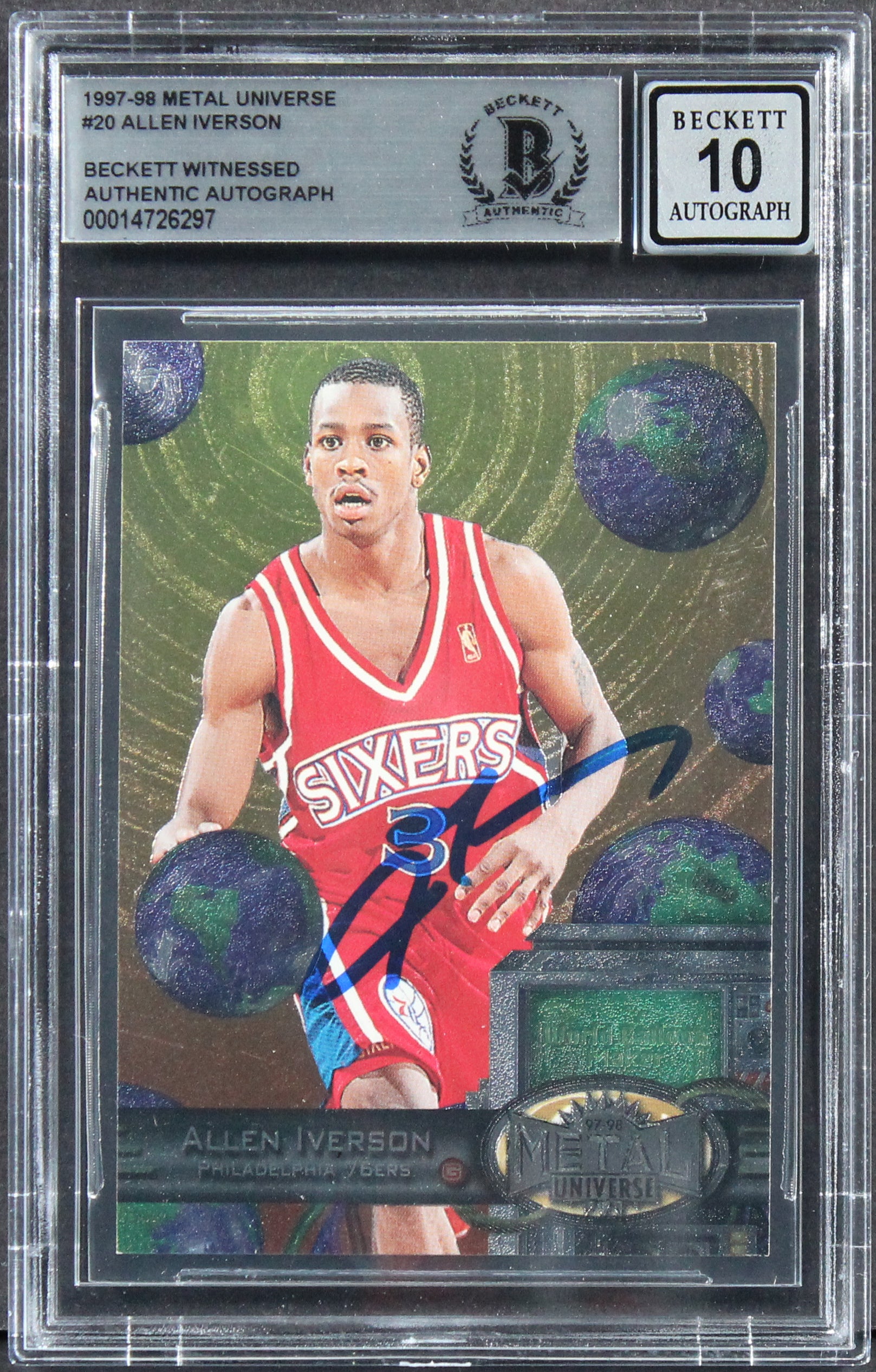 76ers Allen Iverson Signed 1996 Metal Universe #20 Rookie Card Auto 10! BAS Slab