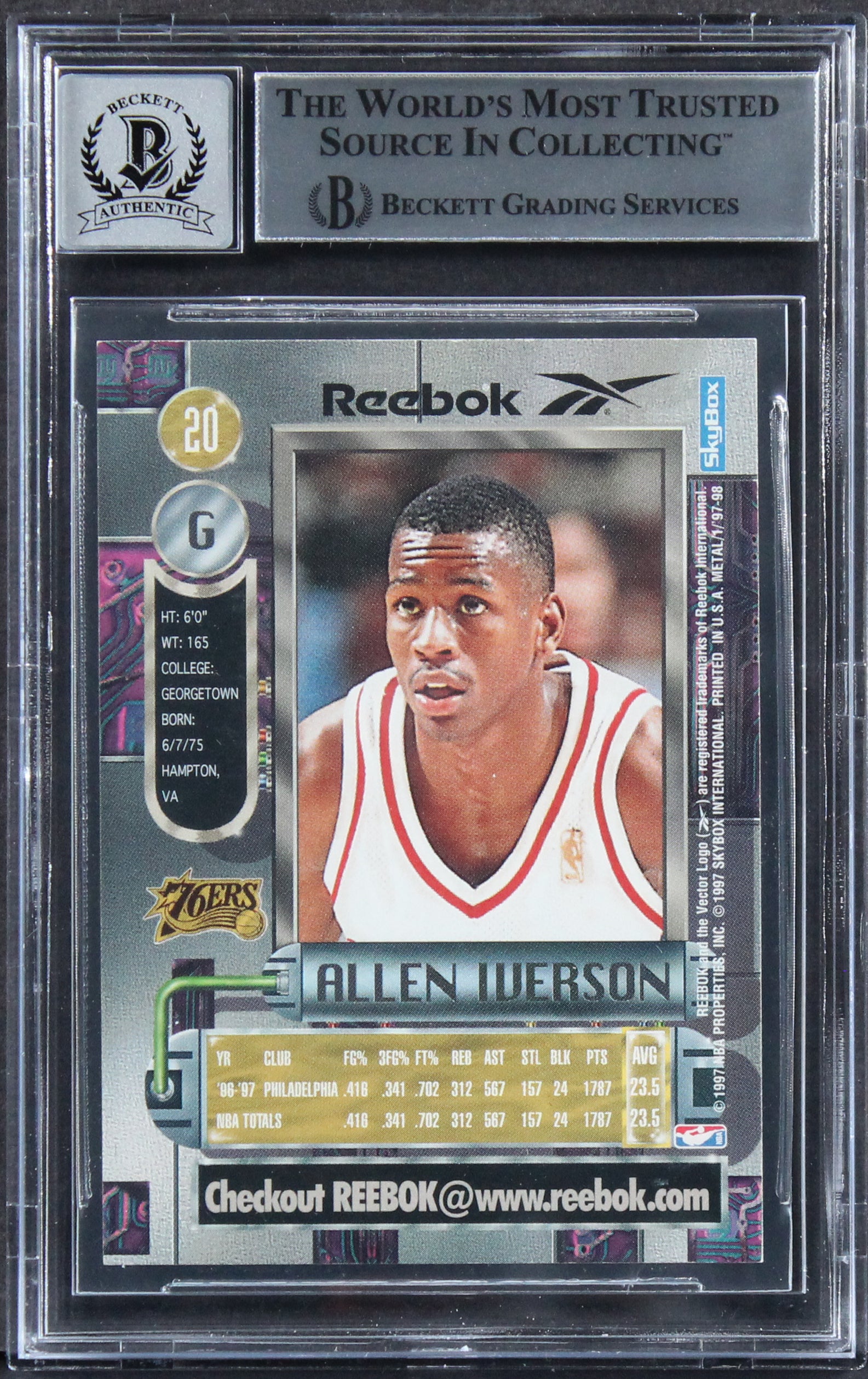 76ers Allen Iverson Signed 1996 Metal Universe #20 Rookie Card Auto 10! BAS Slab