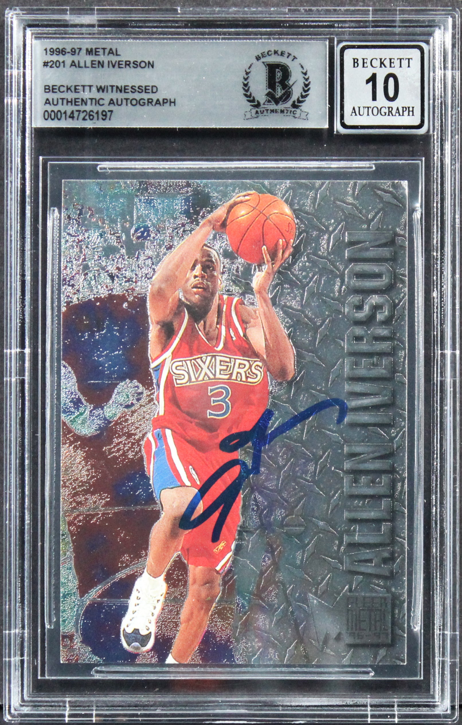 76ers Allen Iverson Signed 1996 Metal Universe #201 Rookie Card Auto 10 BAS Slab