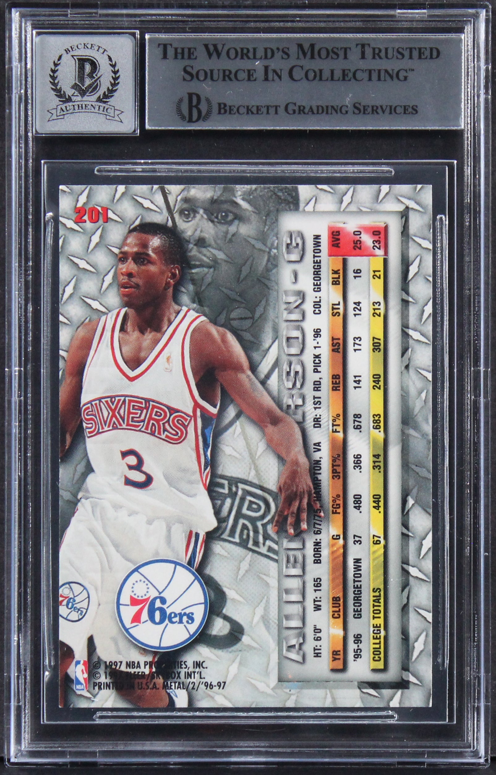 76ers Allen Iverson Signed 1996 Metal Universe #201 Rookie Card Auto 10 BAS Slab