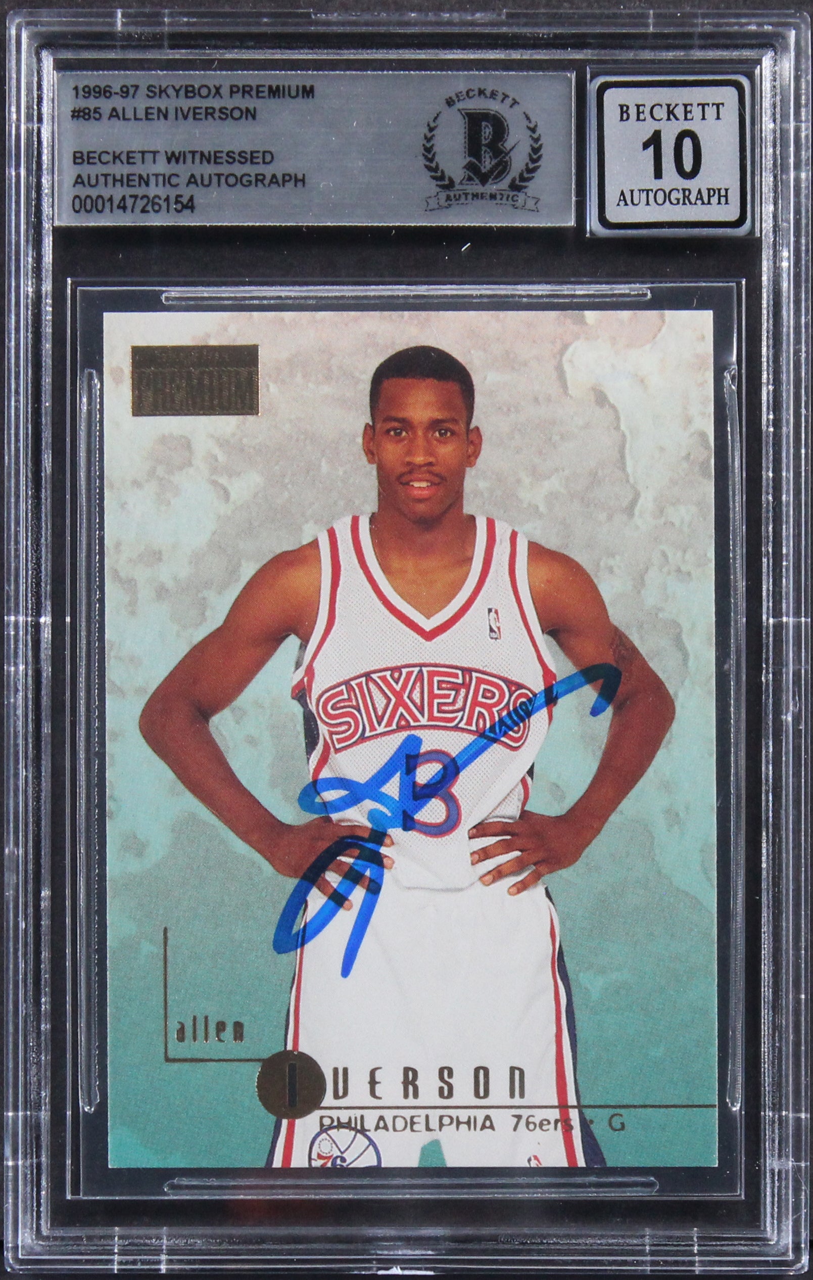 76ers Allen Iverson Signed 1996 Skybox Premium #85 Rookie Card Auto 10! BAS Slab