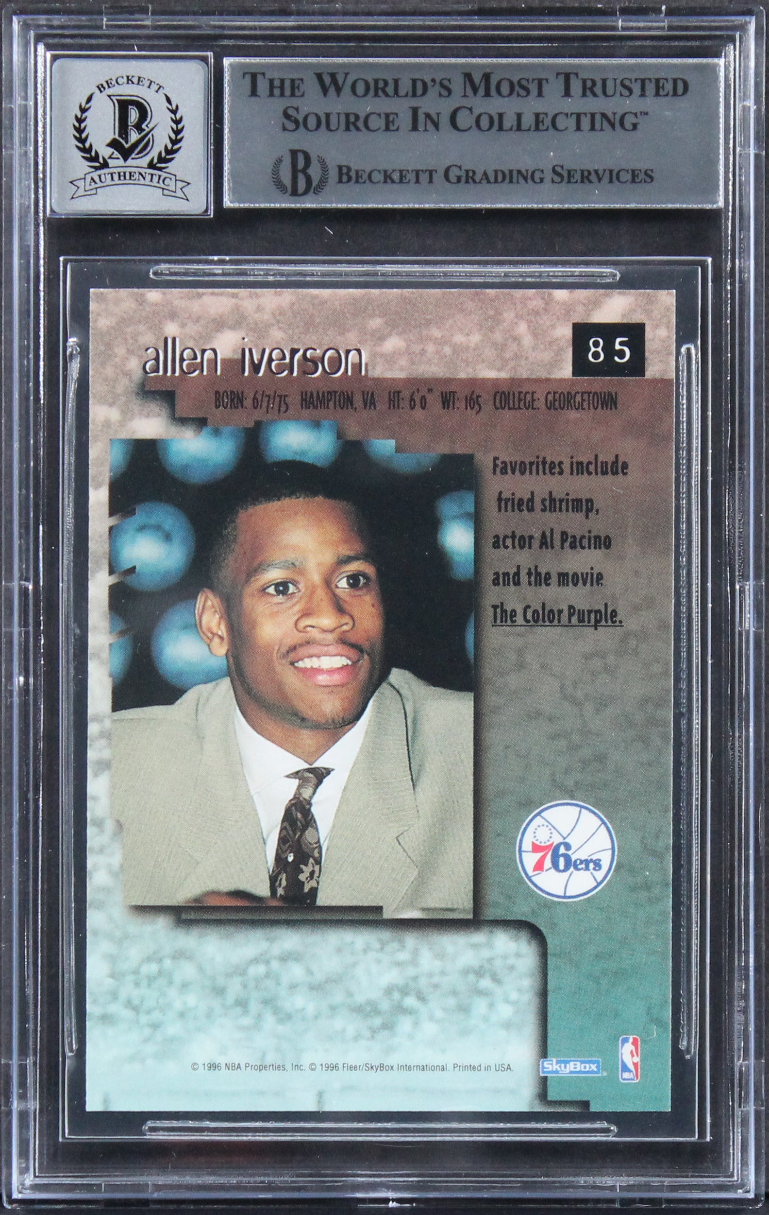 76ers Allen Iverson Signed 1996 Skybox Premium #85 Rookie Card Auto 10! BAS Slab