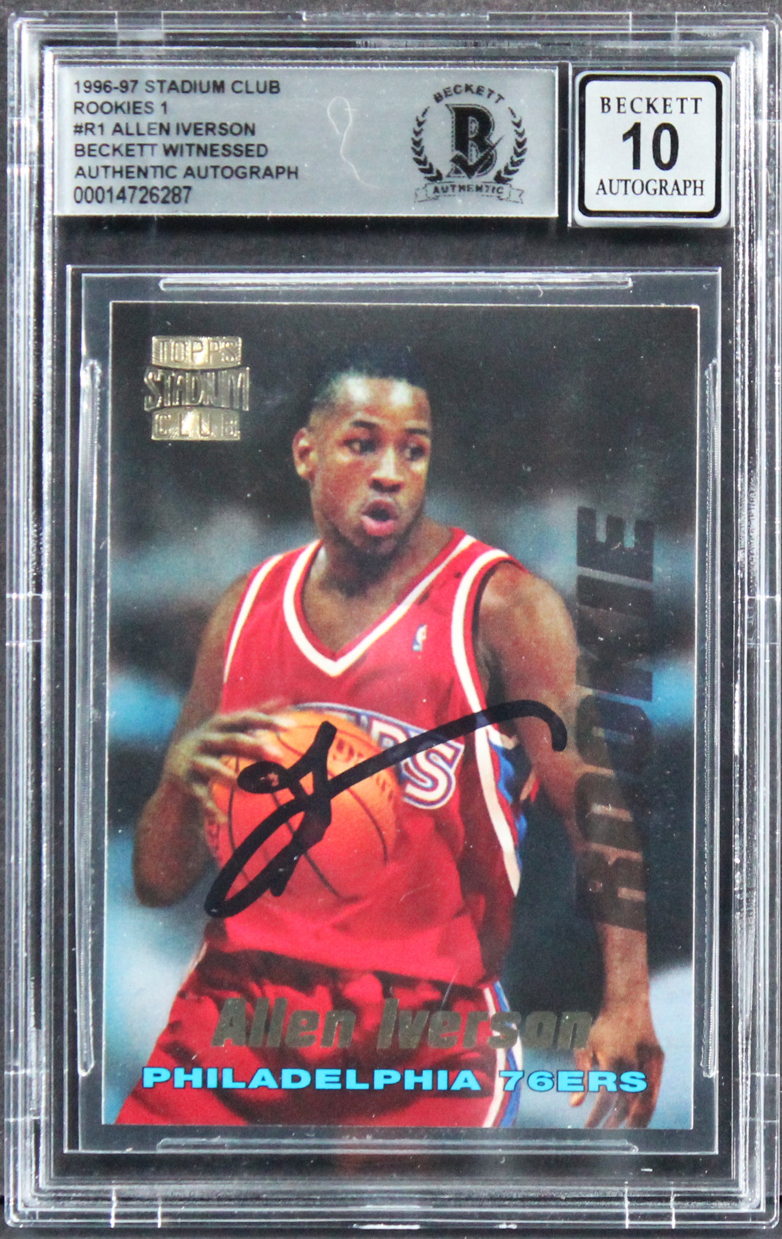 76ers Allen Iverson Signed 1996 Stadium Club Rookies 1 #R1 Card Auto 10 BAS Slab