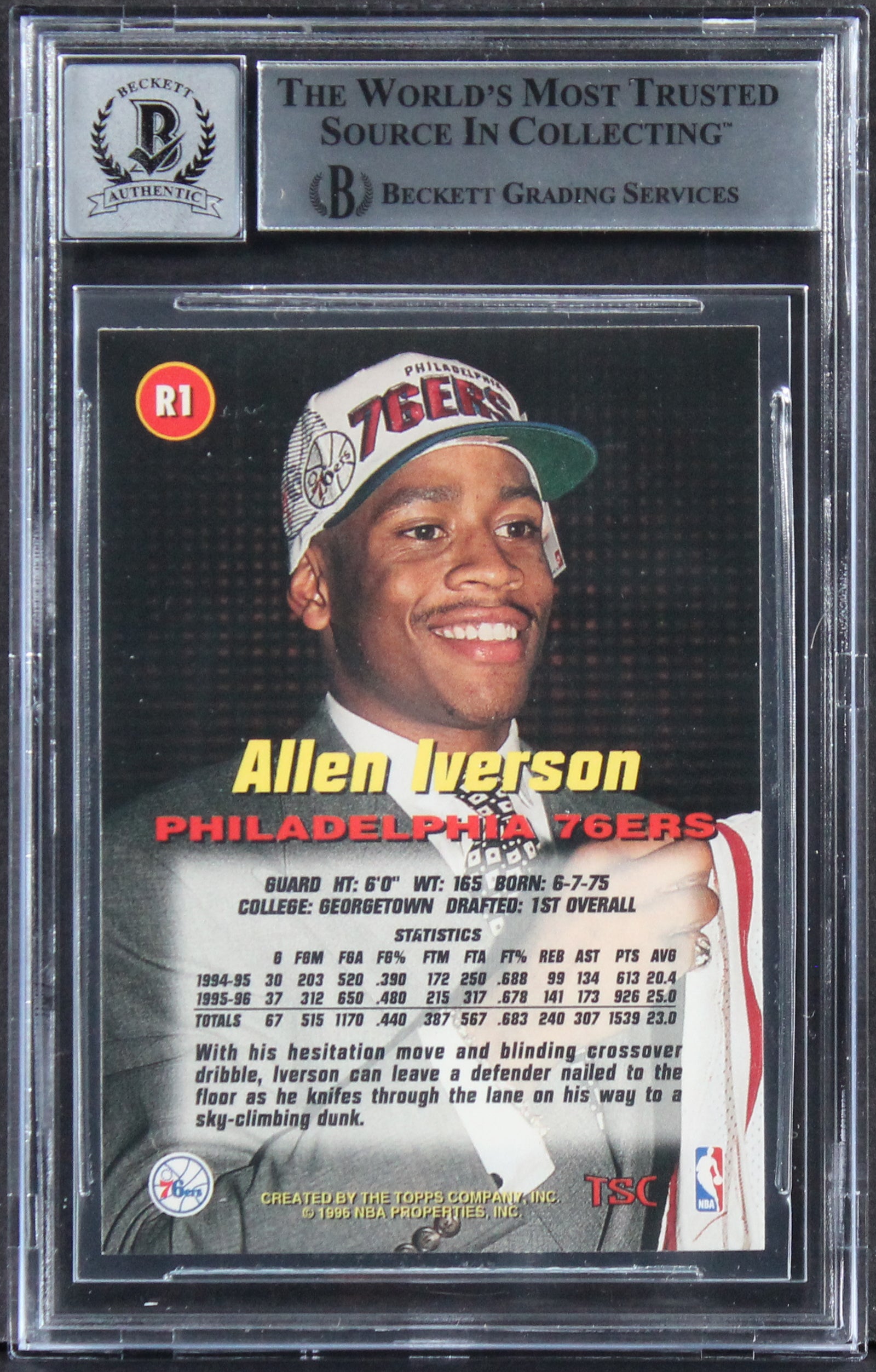 76ers Allen Iverson Signed 1996 Stadium Club Rookies 1 #R1 Card Auto 10 BAS Slab