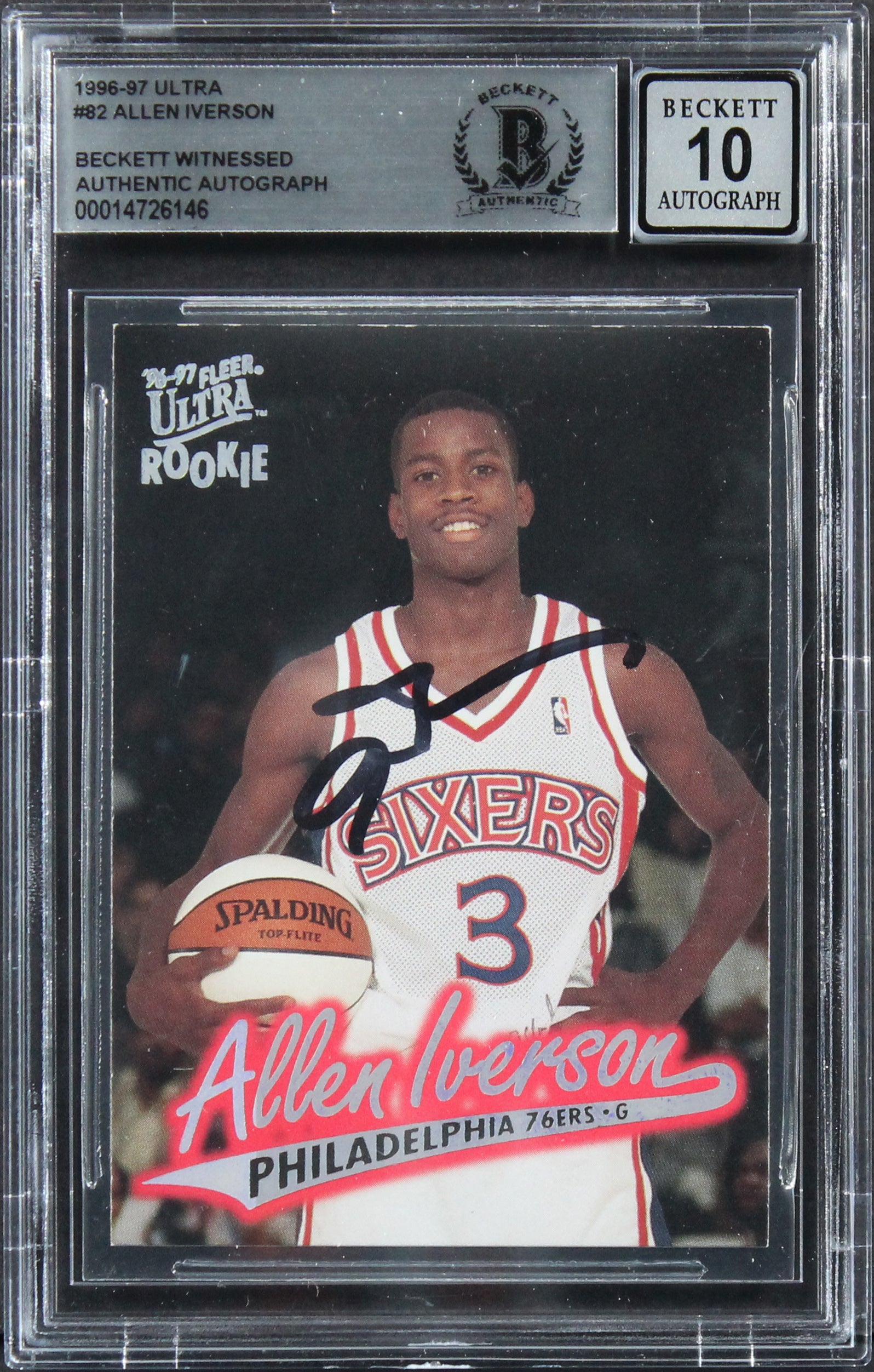 76ers Allen Iverson Signed 1996 Ultra #82 Rookie Card Auto 10! BAS Slabbed 1