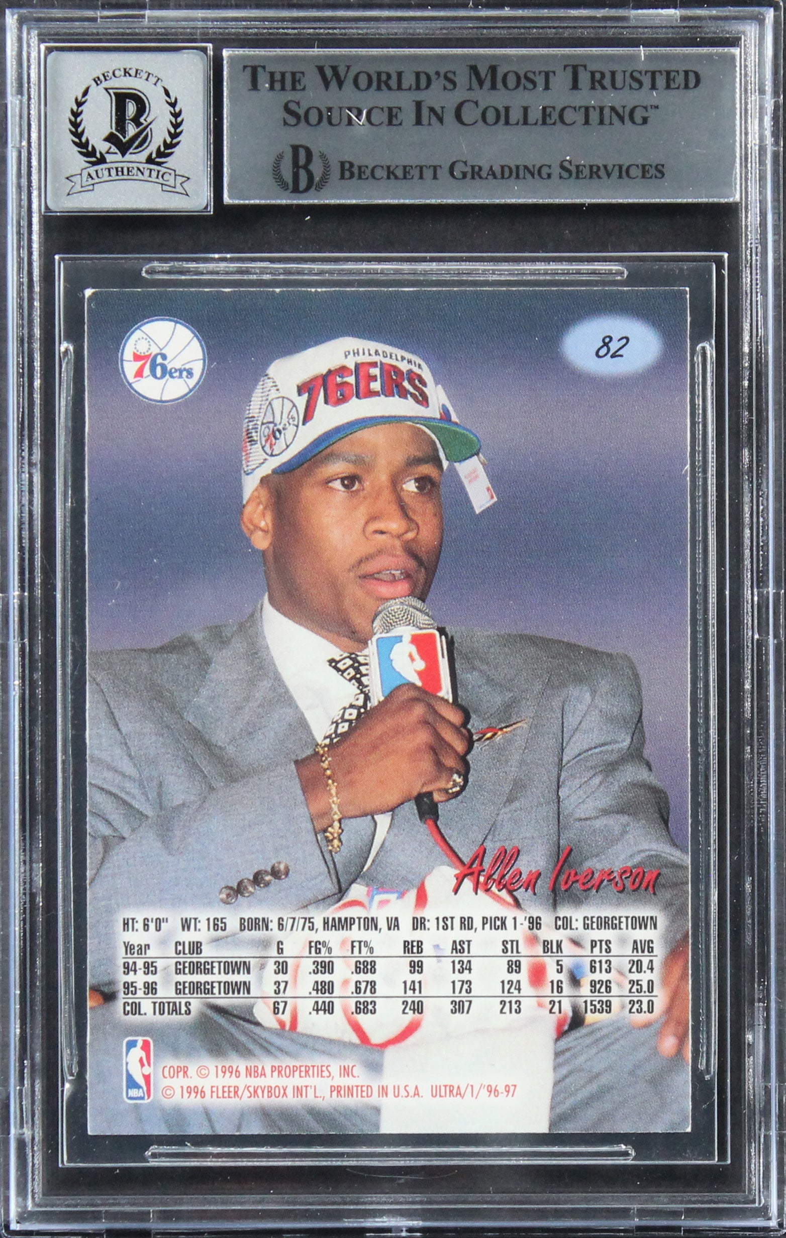 76ers Allen Iverson Signed 1996 Ultra #82 Rookie Card Auto 10! BAS Slabbed 1