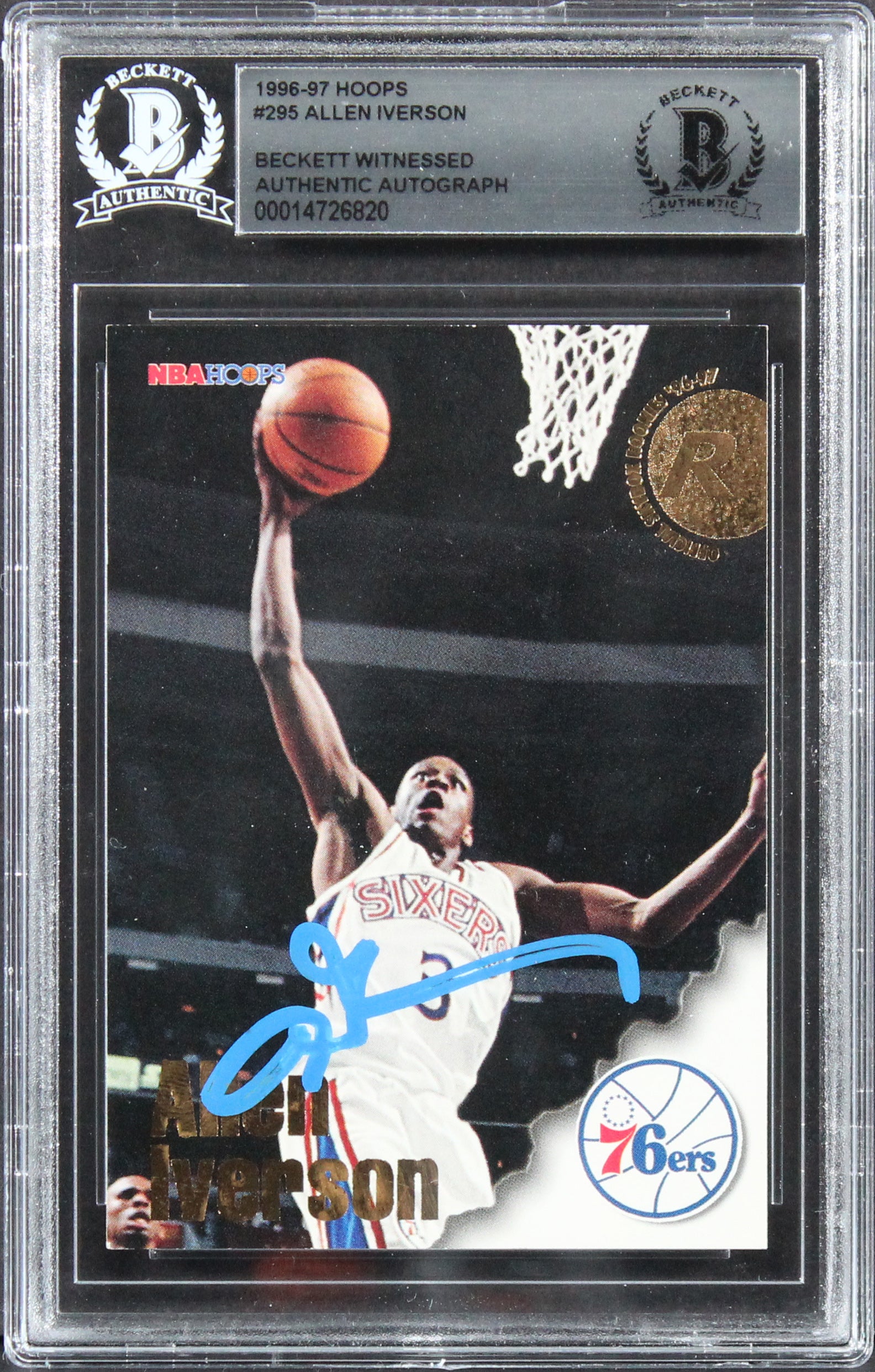 76ers Allen Iverson Authentic Signed 1996 Hoops #295 Rookie Card BAS Slabbed 3
