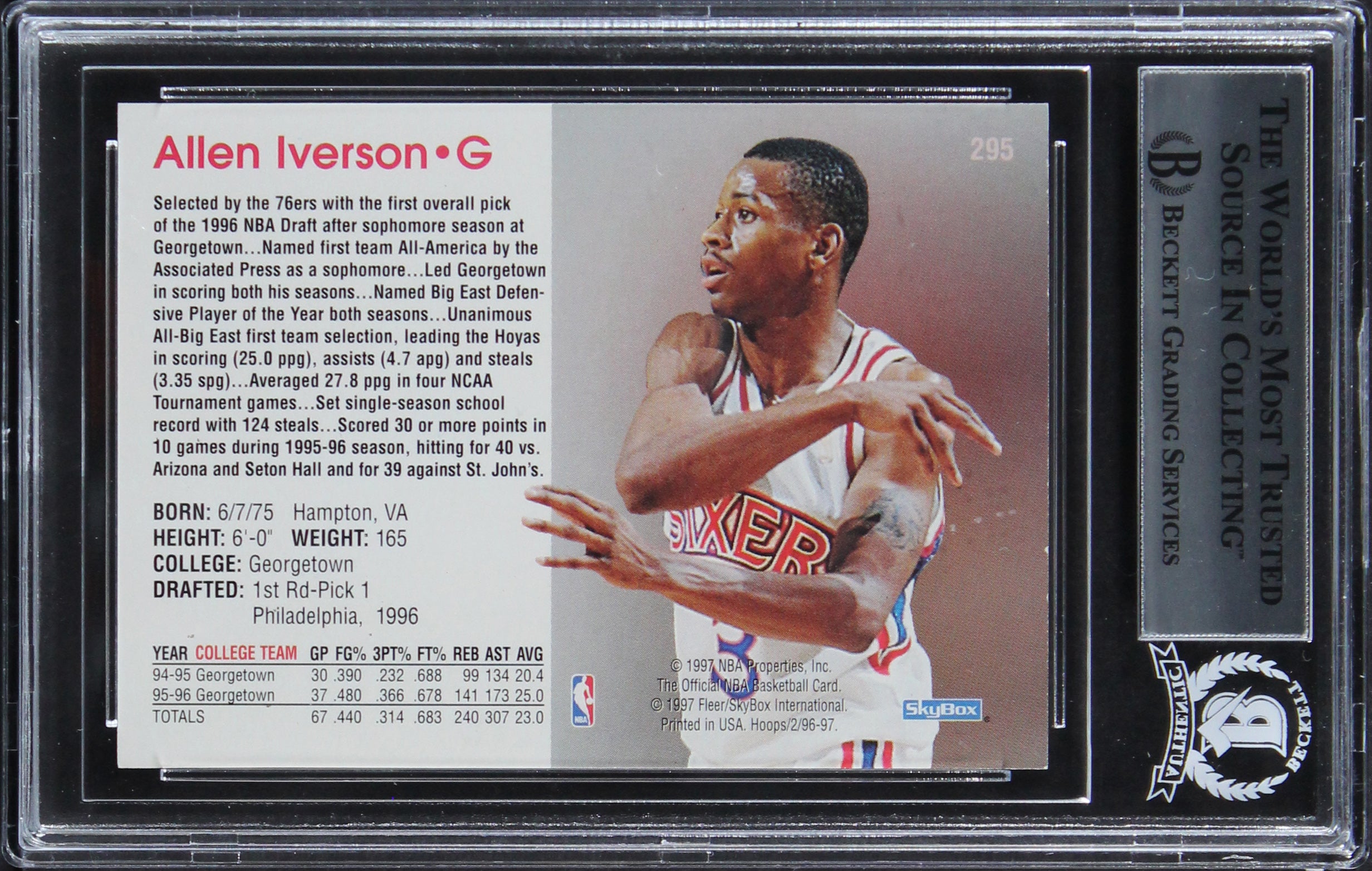 76ers Allen Iverson Authentic Signed 1996 Hoops #295 Rookie Card BAS Slabbed 3