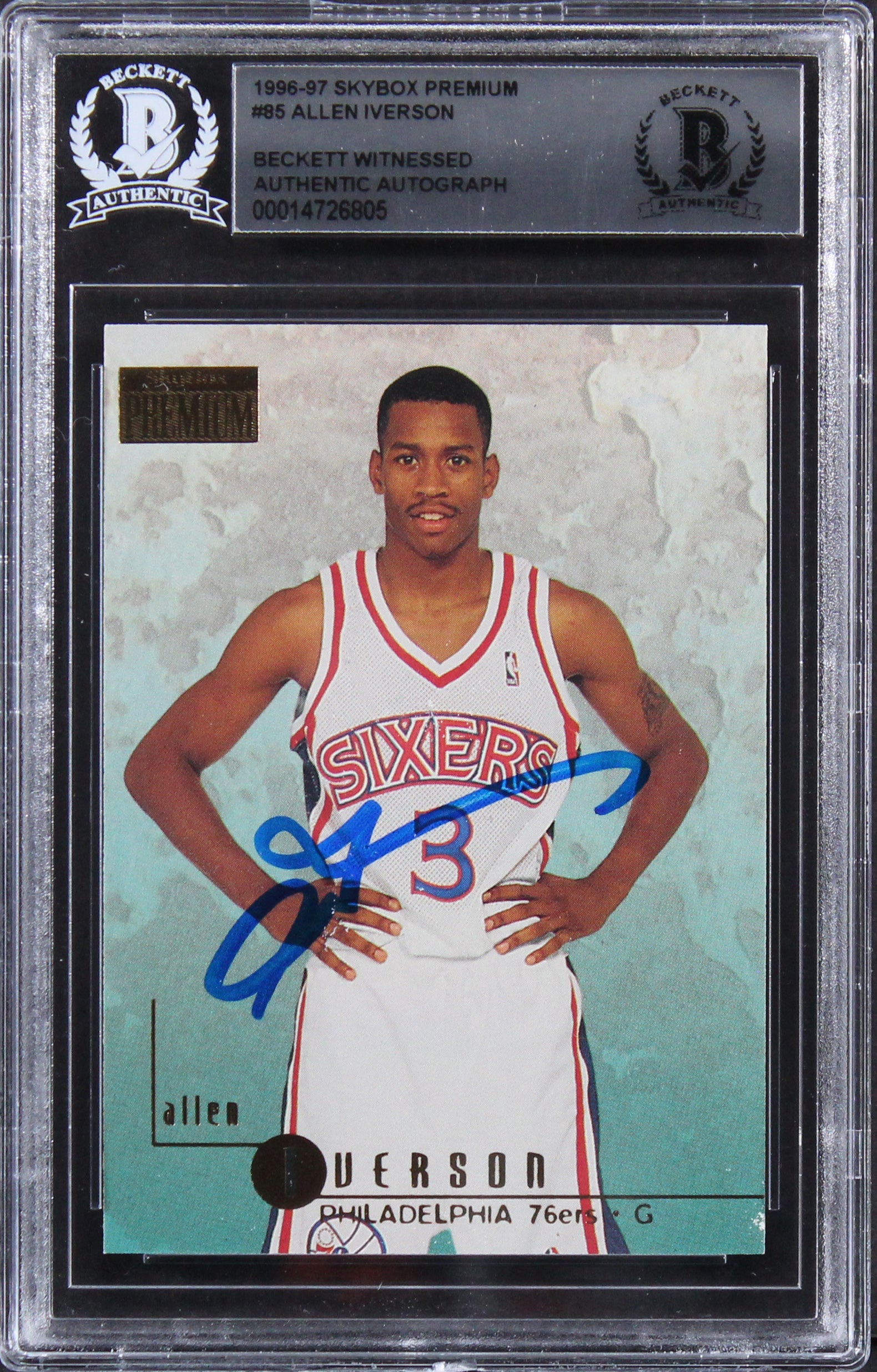 76ers Allen Iverson Signed 1996 Skybox Premium #85 Rookie Card BAS Slabbed