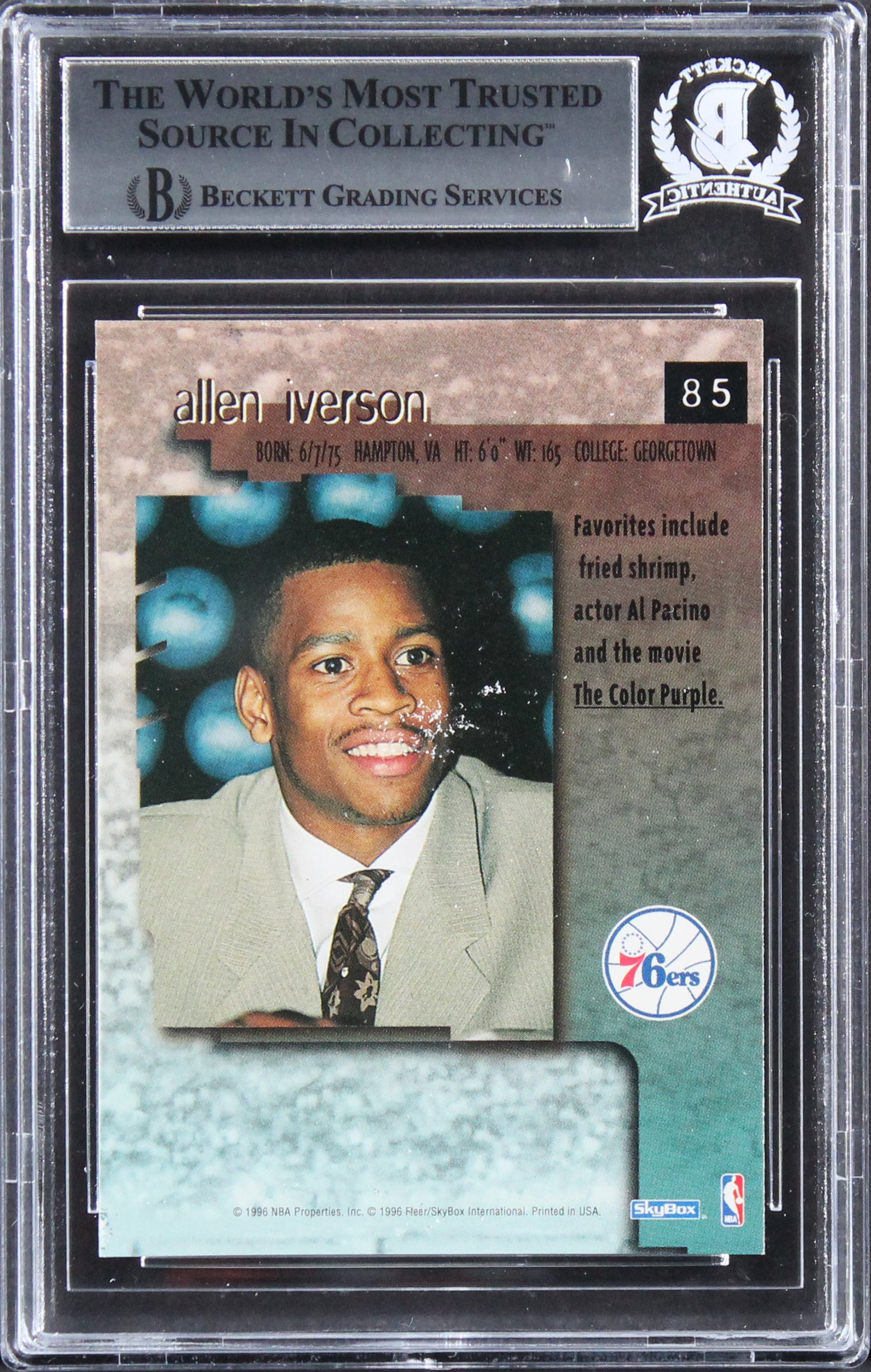 76ers Allen Iverson Signed 1996 Skybox Premium #85 Rookie Card BAS Slabbed