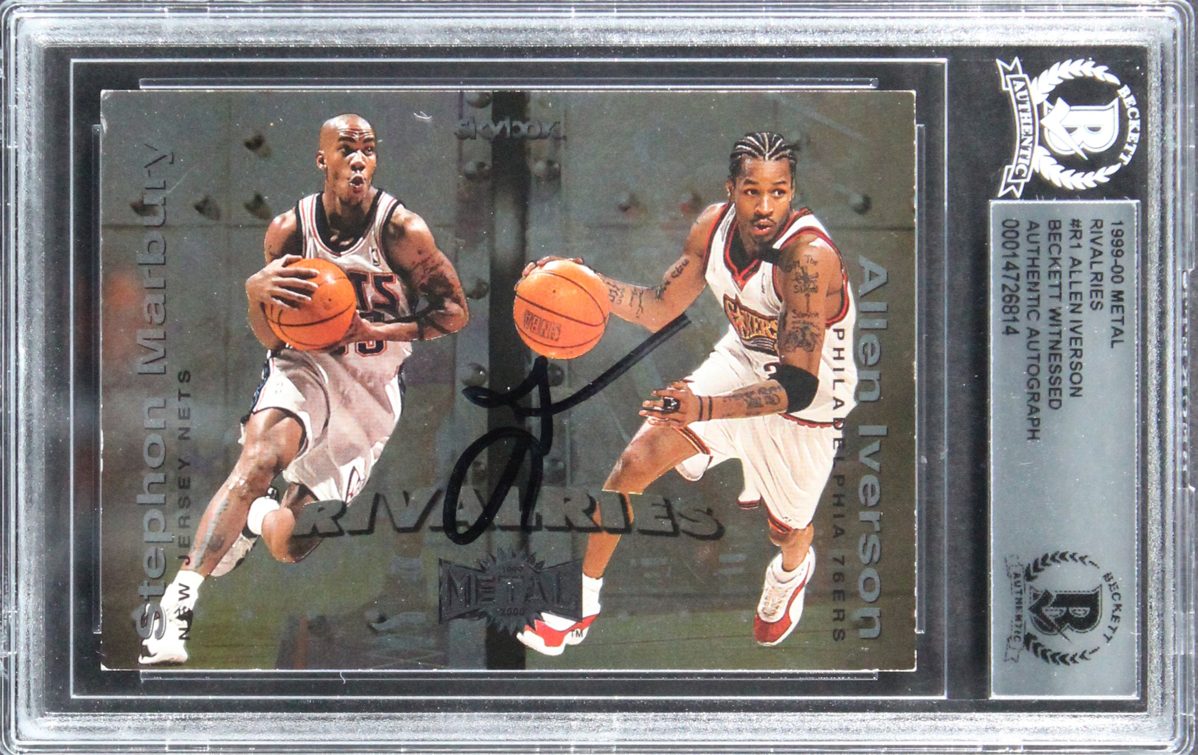 76ers Allen Iverson Authentic Signed 1999 Metal Rivalries #R1 Card BAS Slabbed 1