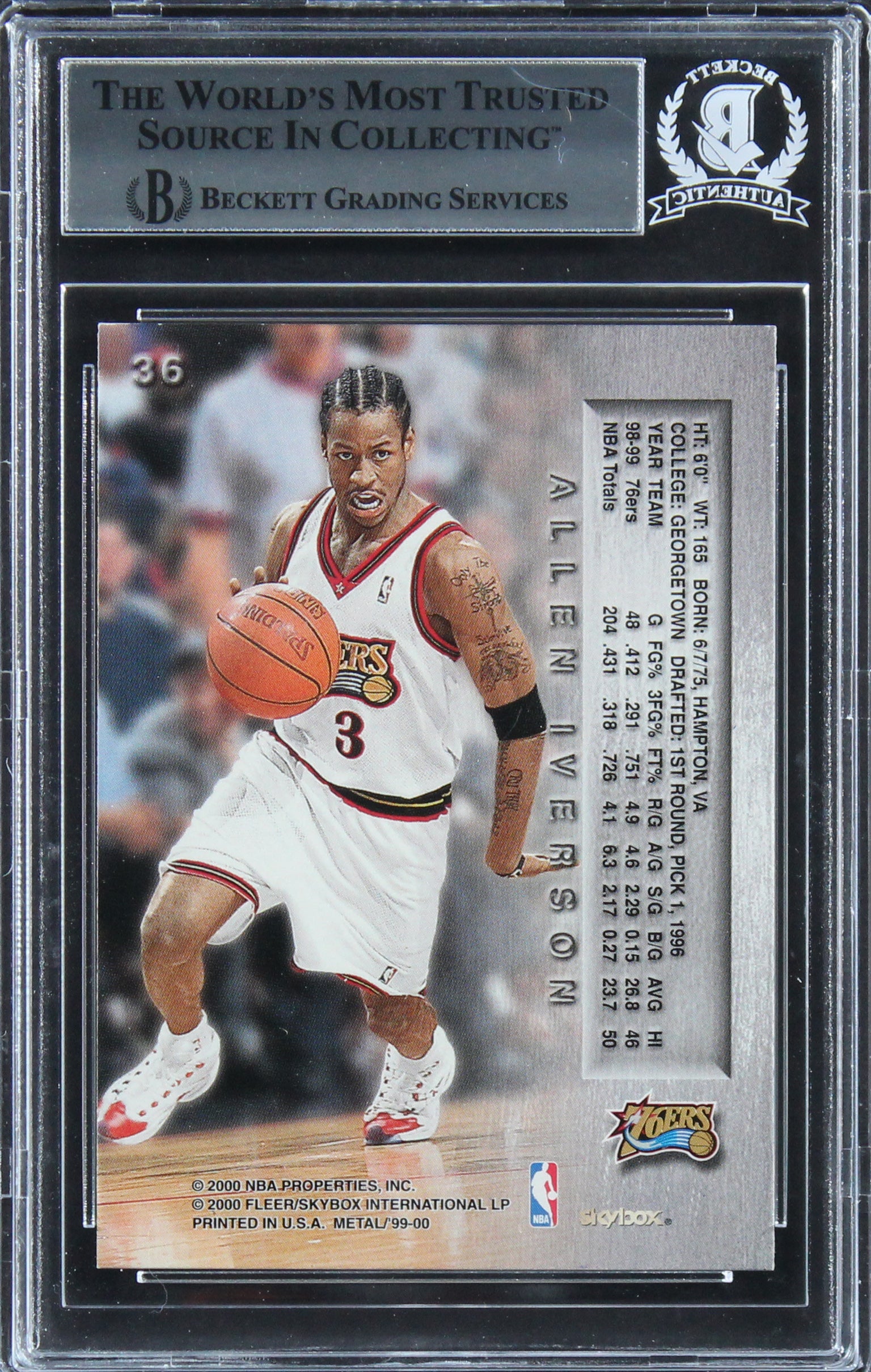 76ers Allen Iverson Authentic Signed 1999 Metal #36 Card BAS Slabbed 1
