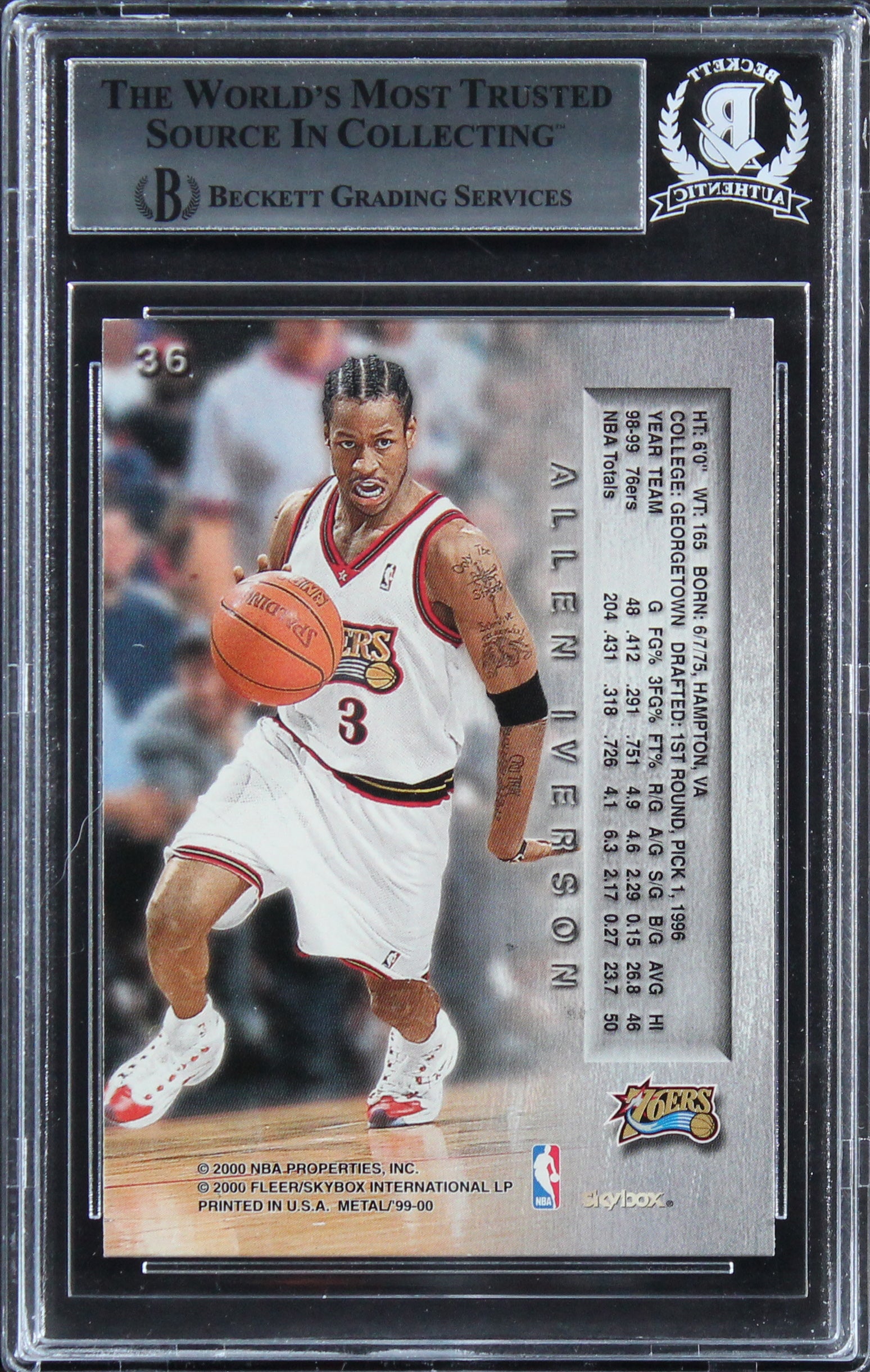 76ers Allen Iverson Authentic Signed 1999 Metal #36 Card BAS Slabbed 3