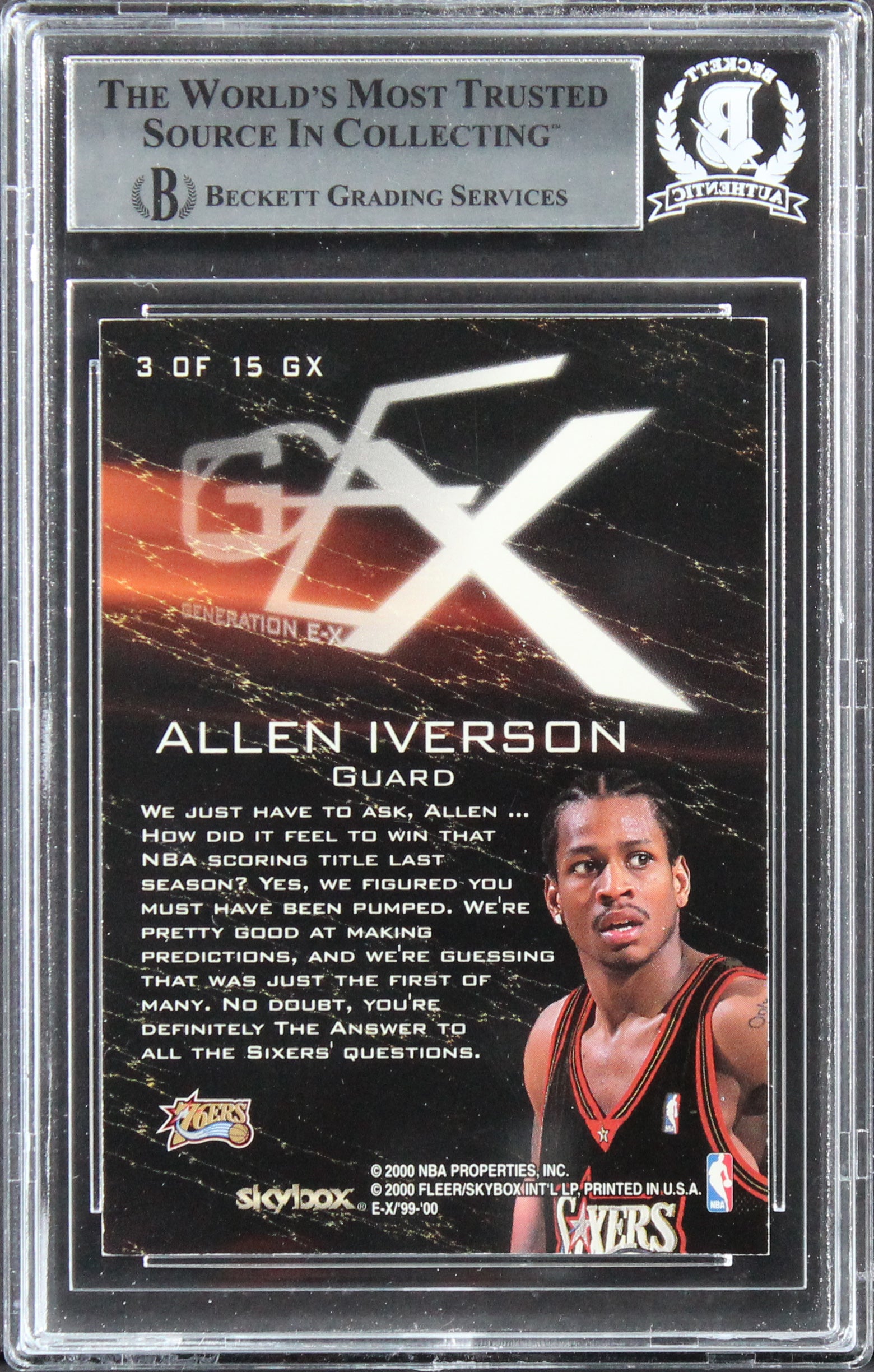 76ers Allen Iverson Authentic Signed 1999 E-X Generation E-X #GX3 Card BAS Slab