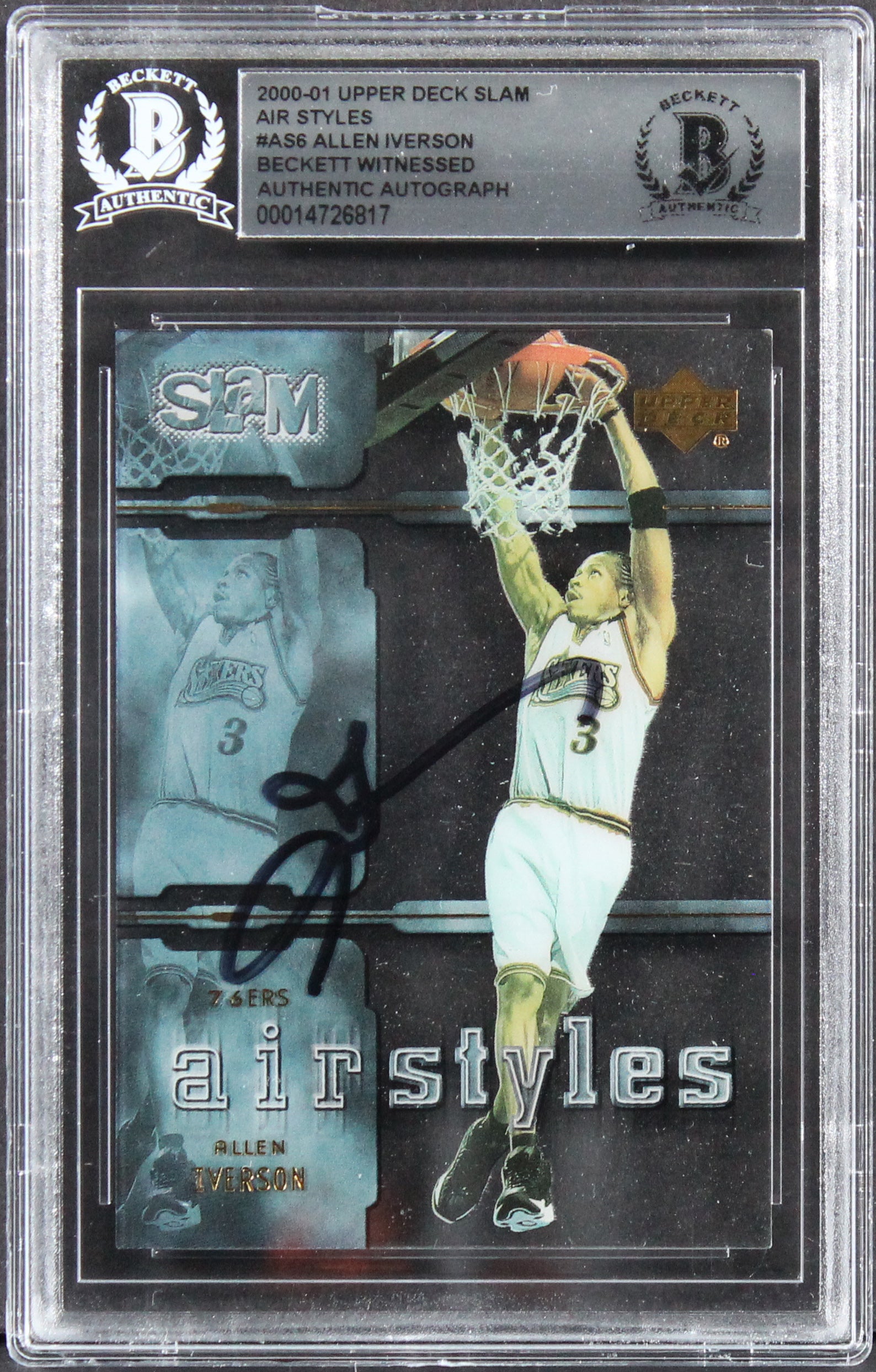 76ers Allen Iverson Signed 2000 Upper Deck Slam Air Styles #AS6 Card BAS Slab