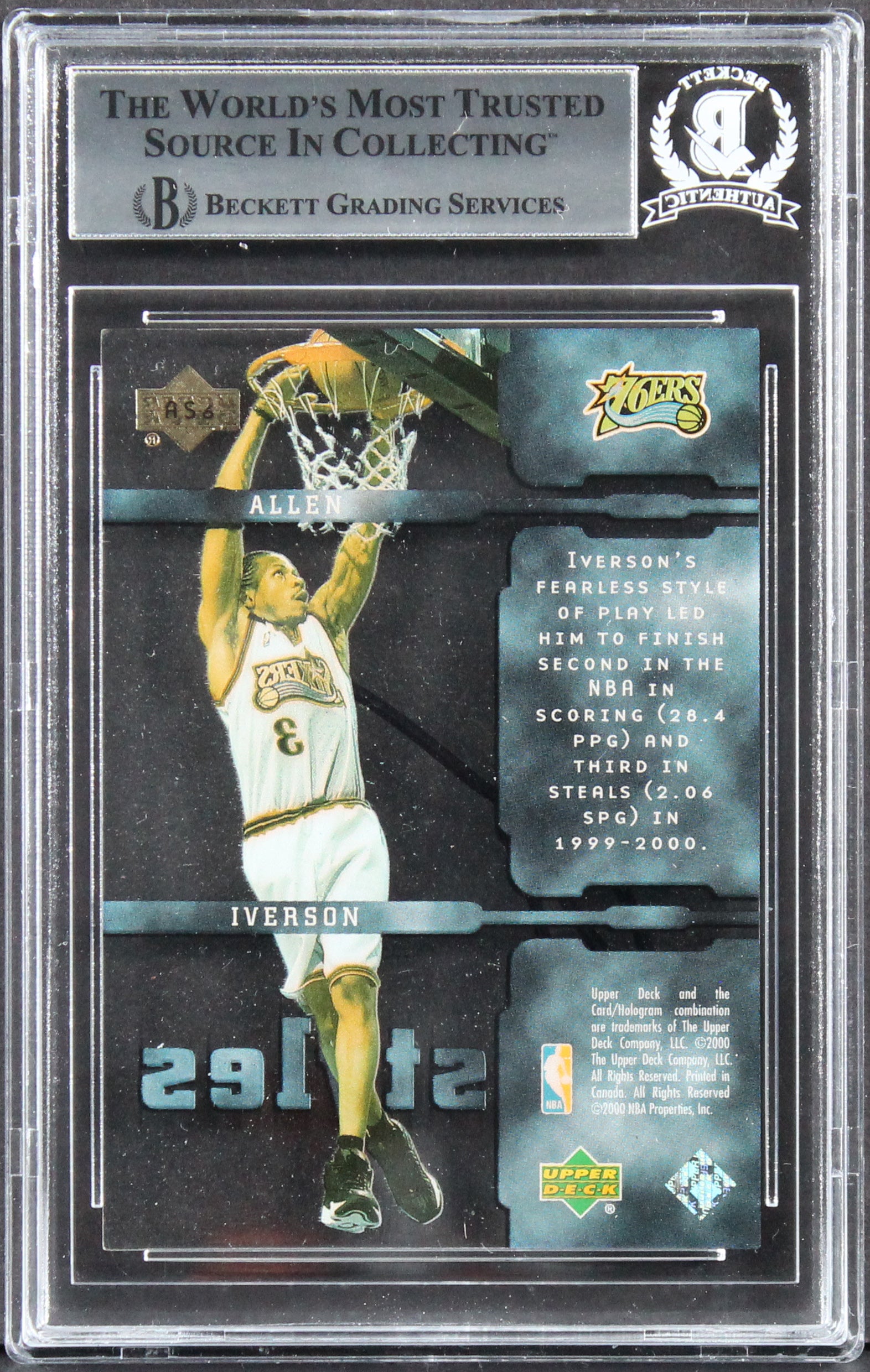 76ers Allen Iverson Signed 2000 Upper Deck Slam Air Styles #AS6 Card BAS Slab