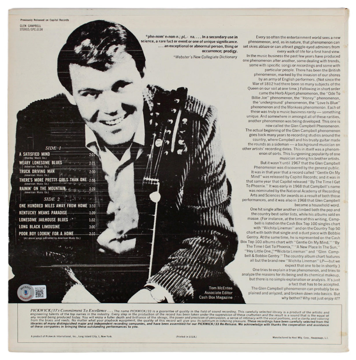 Glen Campbell Authentic Signed A Satisfied Mind Album Cover BAS #BG79194