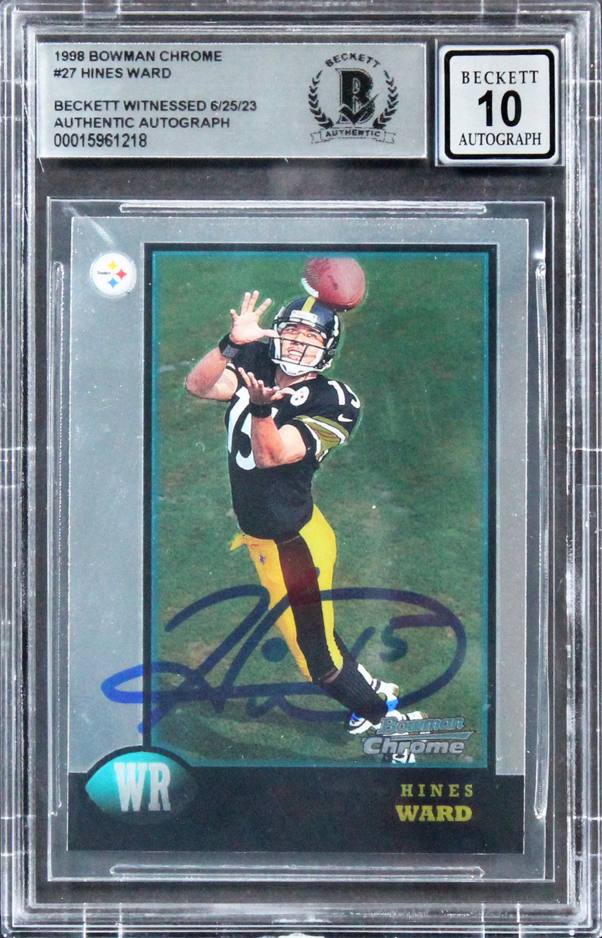 Steelers Hines Ward Signed 1998 Bowman's Chrome #27 Rookie Card Auto 10 BAS Slab