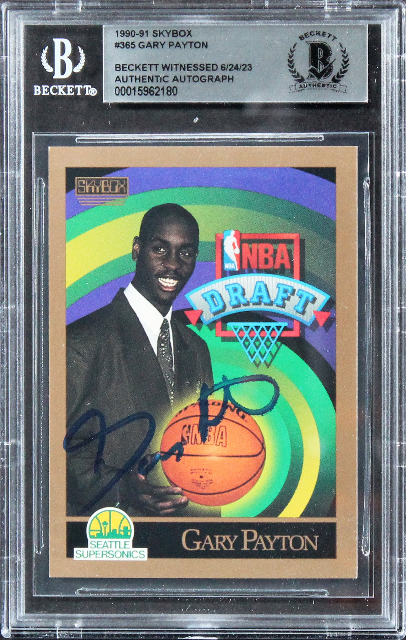 Sonics Gary Payton Authentic Signed 1990 Skybox #365 Rookie Card BAS Slabbed