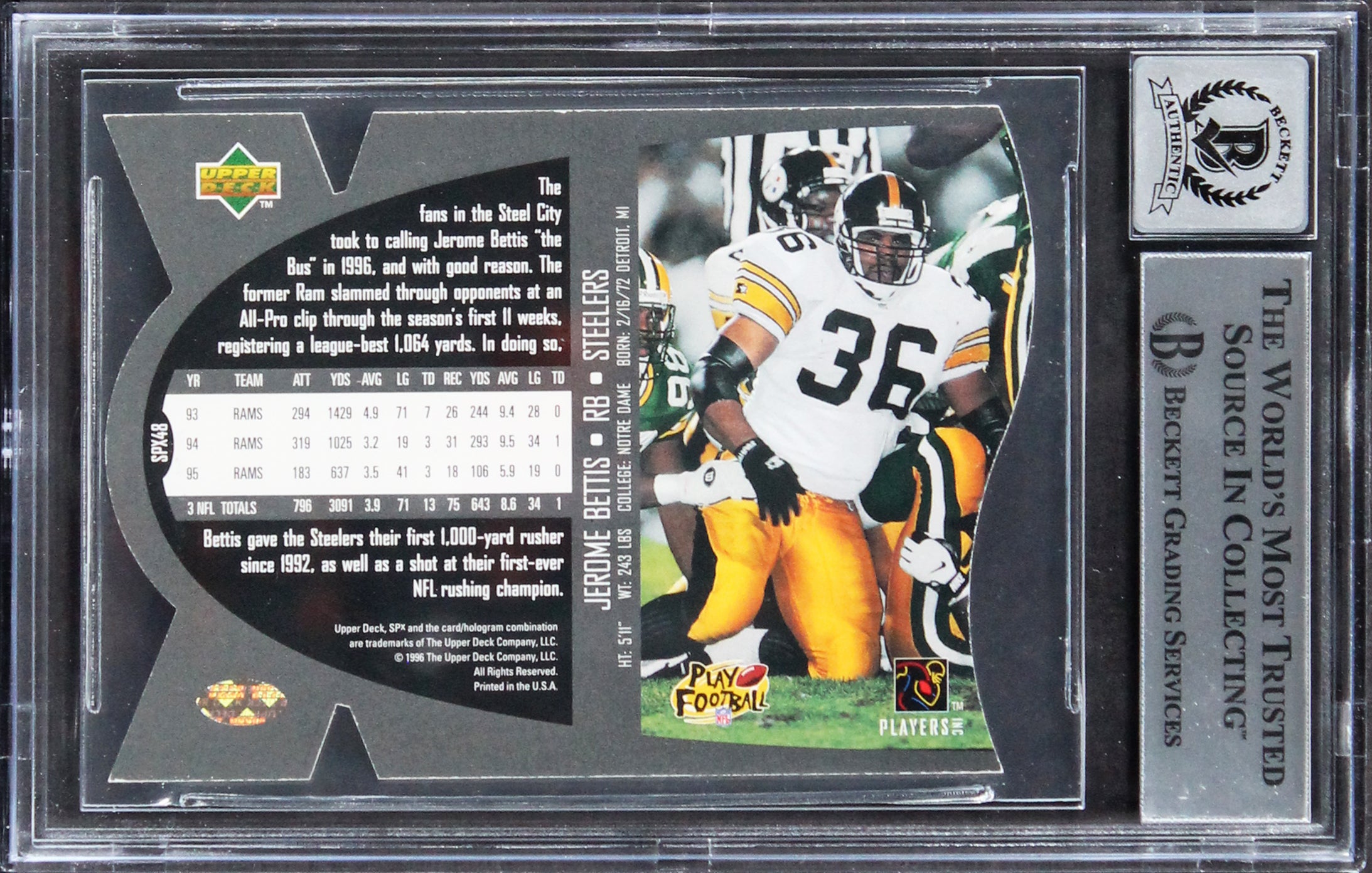 Rams Jerome Bettis Authentic Signed 1997 SPX #48 Card Auto Grade 10! BAS Slabbed