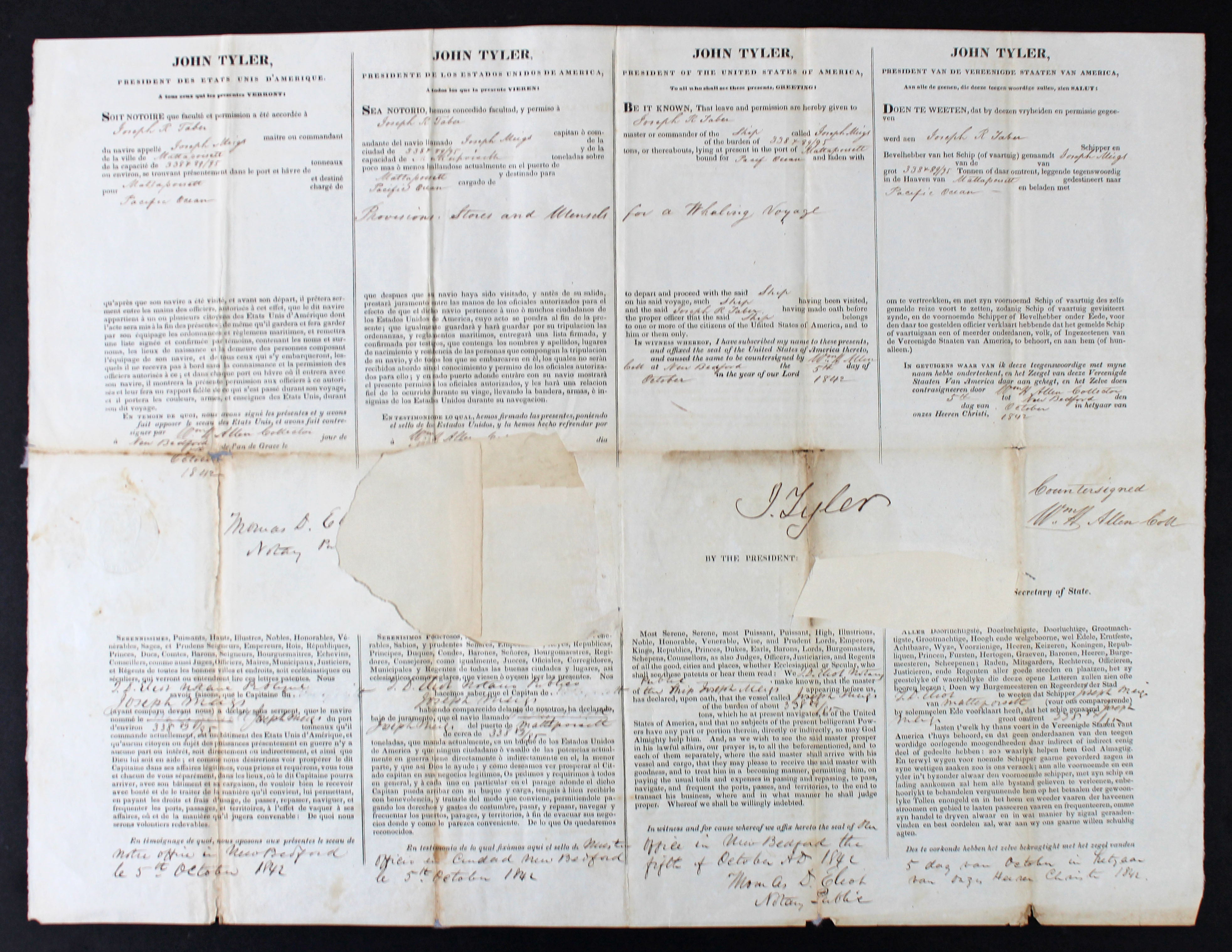 John Tyler Authentic Signed 1842 15x20.75 Four Language Ship's Passport BAS