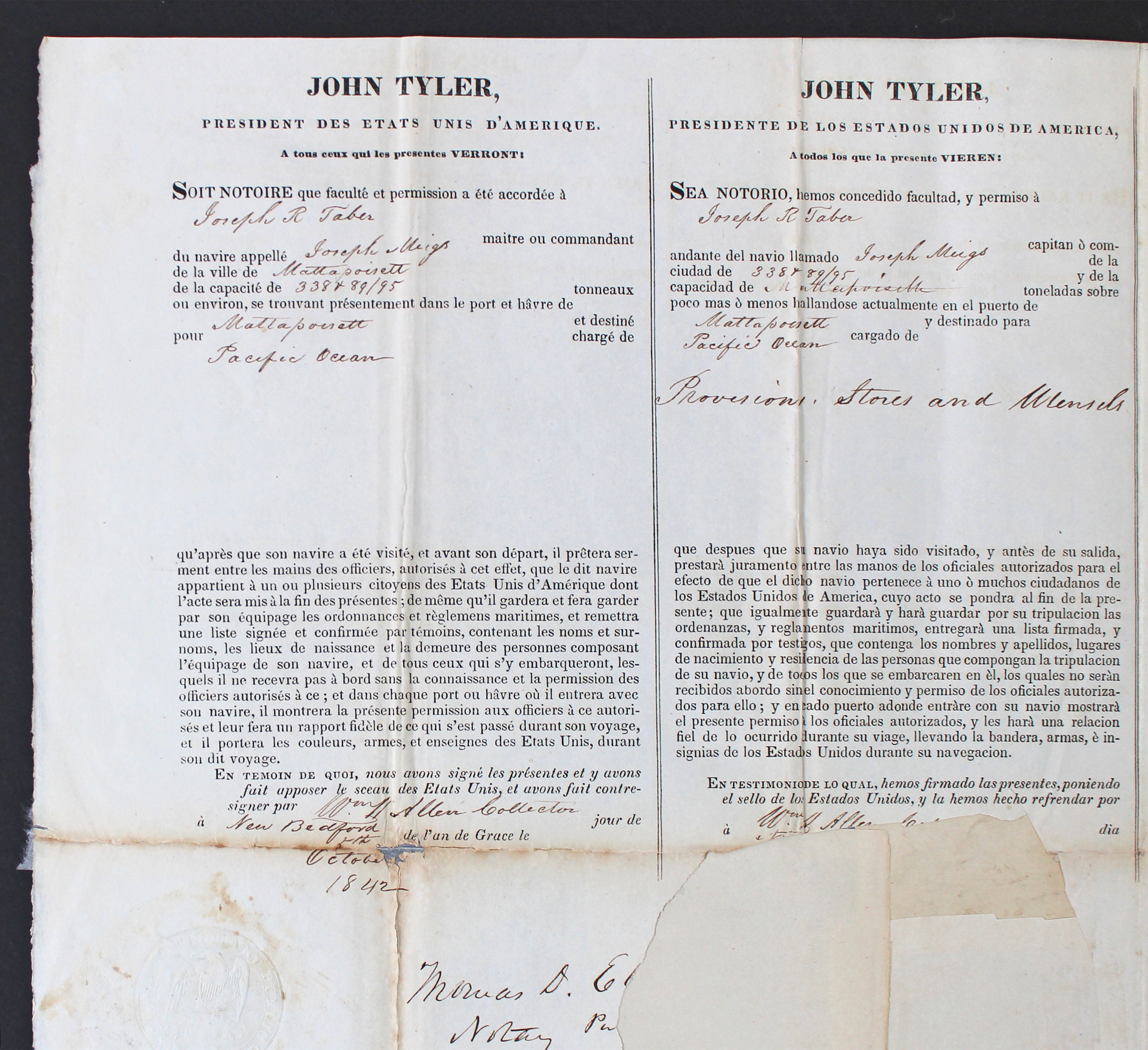 John Tyler Authentic Signed 1842 15x20.75 Four Language Ship's Passport BAS