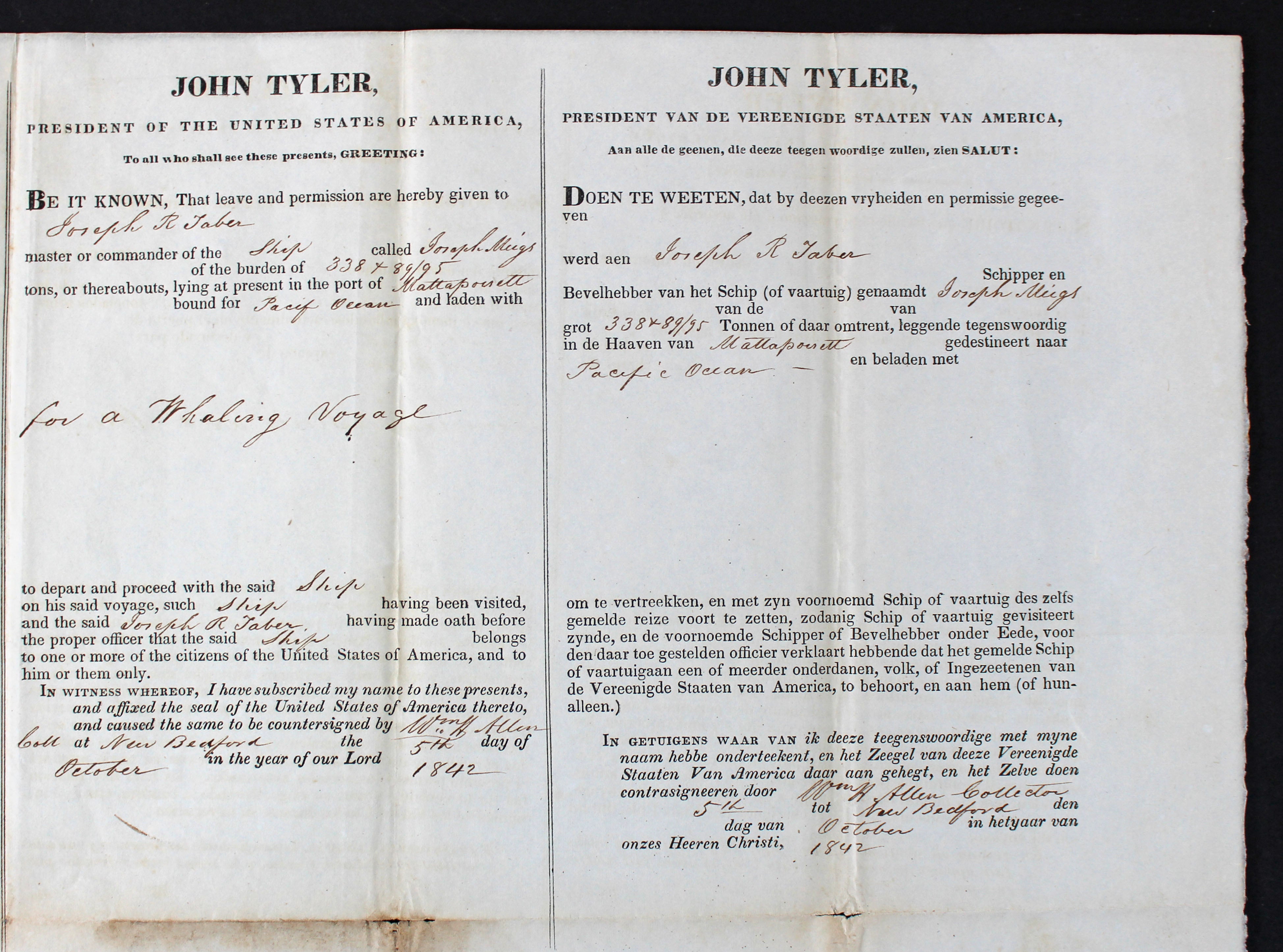 John Tyler Authentic Signed 1842 15x20.75 Four Language Ship's Passport BAS