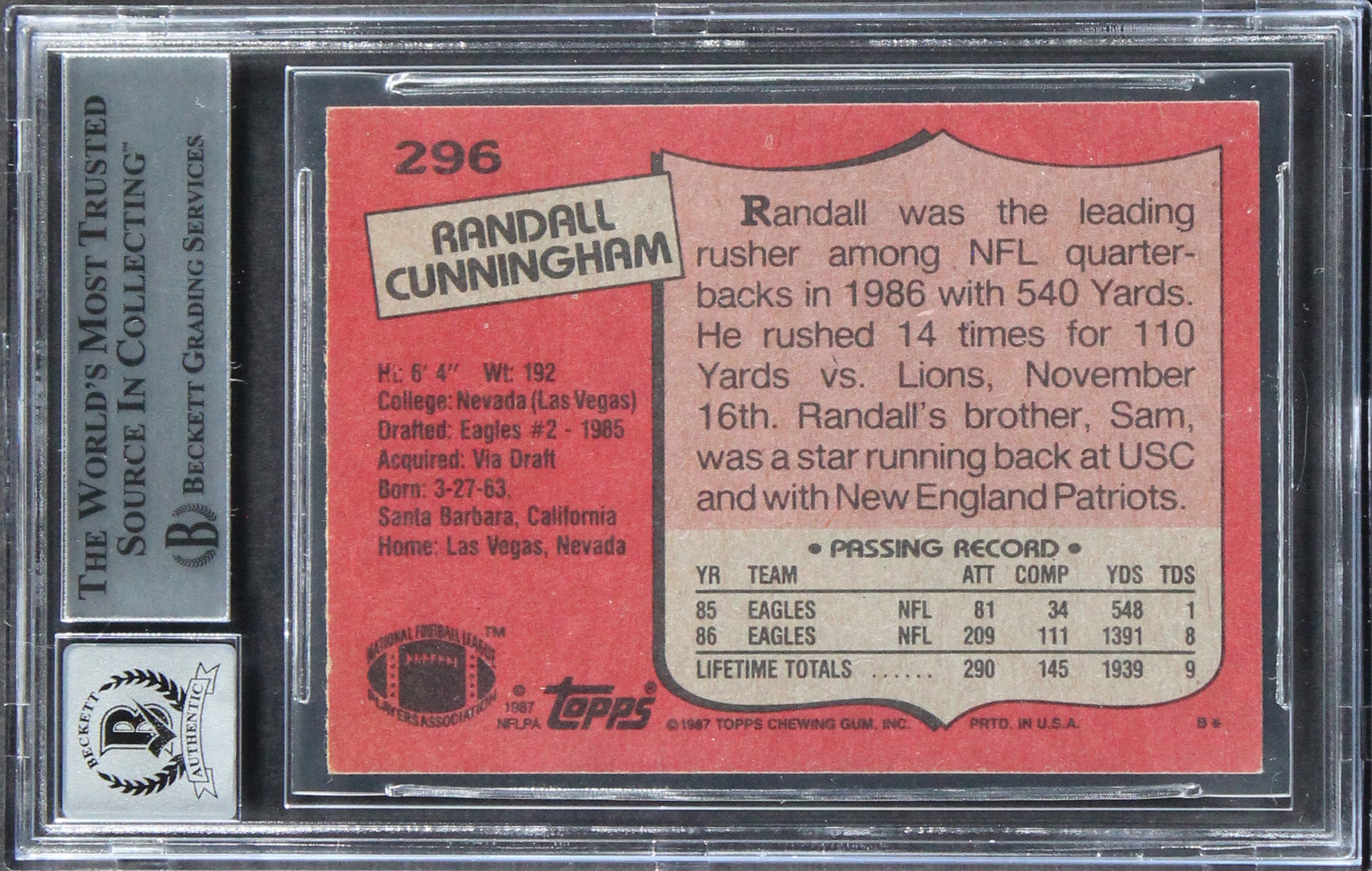 Eagles Randall Cunningham Signed 1987 Topps #296 Rookie Card Auto 10 BAS Slabbed